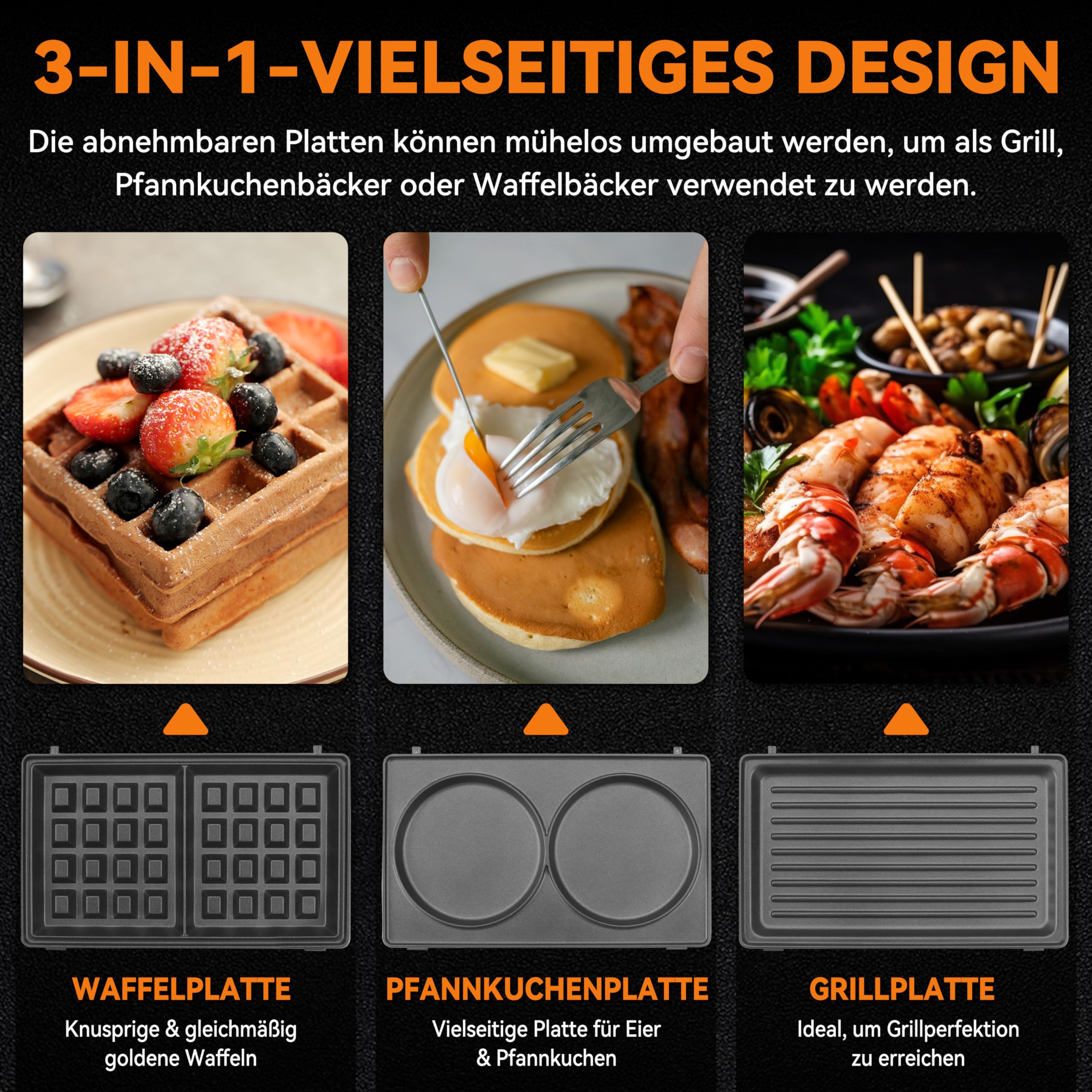 Baker’s Friend 3-in-1 Waffeleisen mit abnehmbaren Platten, quadratisches Waffeleisen mit abnehmbaren Platten, Pfannkuchen- und Sandwichpresse, Grillkäsemacher, antihaftbeschichtet, Edelstahl, Aqua