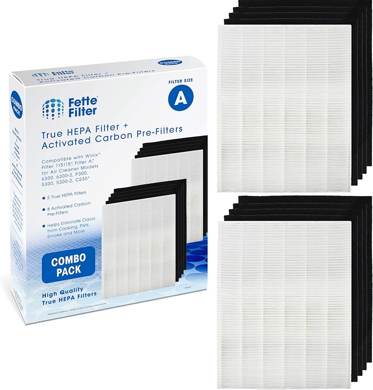 Fette Filter - 2 Filter + 8 Carbon Filter 115115 Premium HEPA H13 Filter Compatible with Winix Filter A 115115 Size 21 Plasma Wave Air Purifier AM90 P300 5300 5500 5300-2 6300-2 6300 C909 9800 C535.