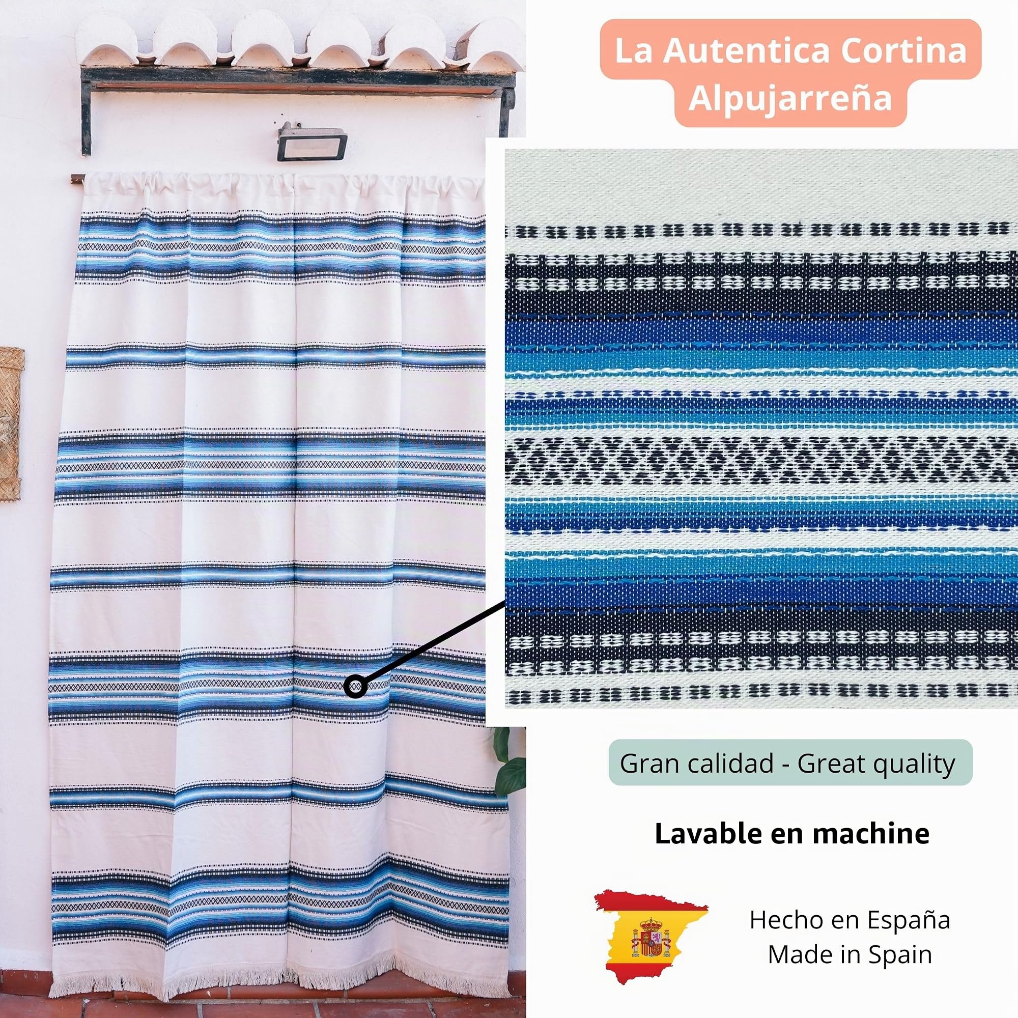 Rideau d'ameublement rustique des Alpujarras pour porte extérieure (160 x 215 cm) couleur Écru-bleu. Fabriqué en Espagne en fibre naturelle de coton. Fait fonction de moustiquaire et de pare-soleil