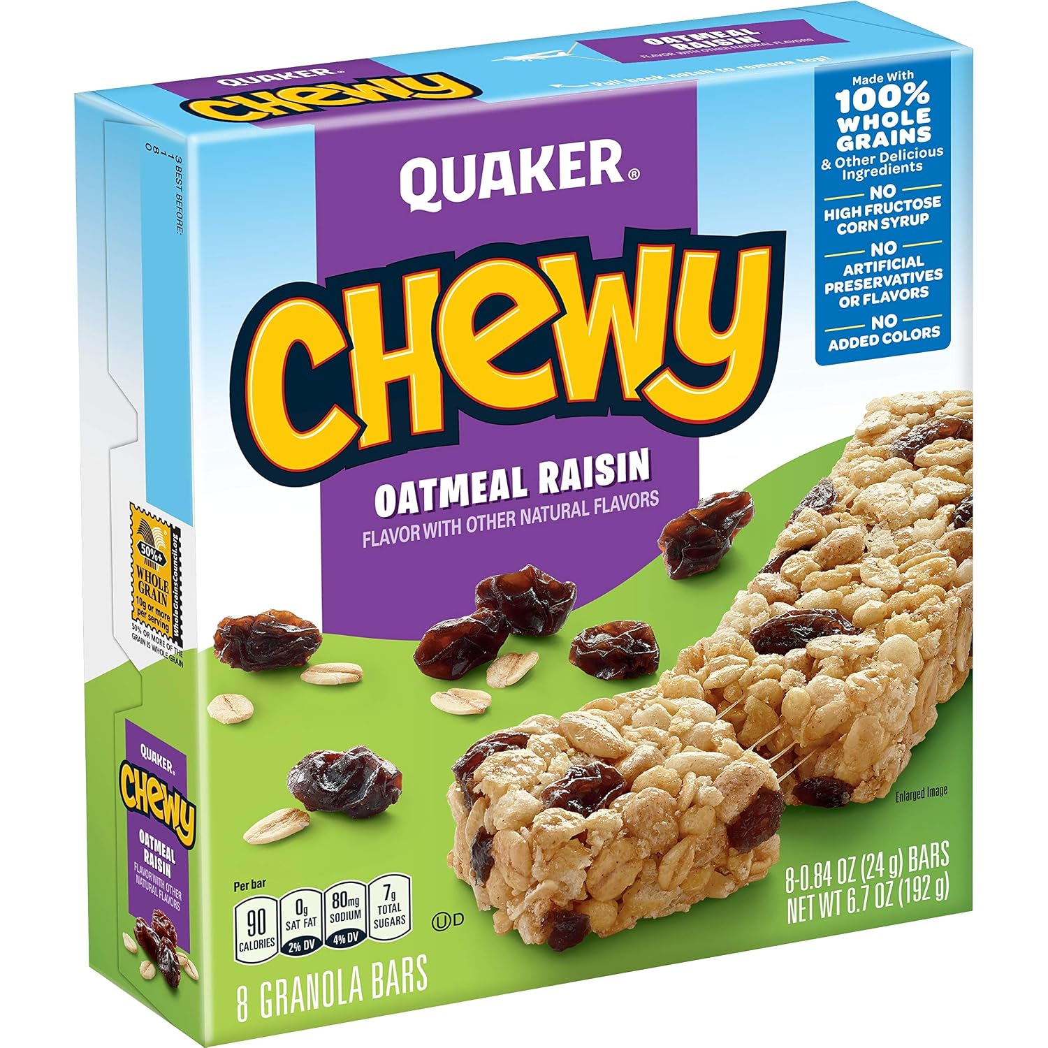 Quaker Chewy Granola Bars, Oatmeal Raisin, 90 Calories, Low Fat, 8 Count (Pack of 6) (Packaging May Vary)