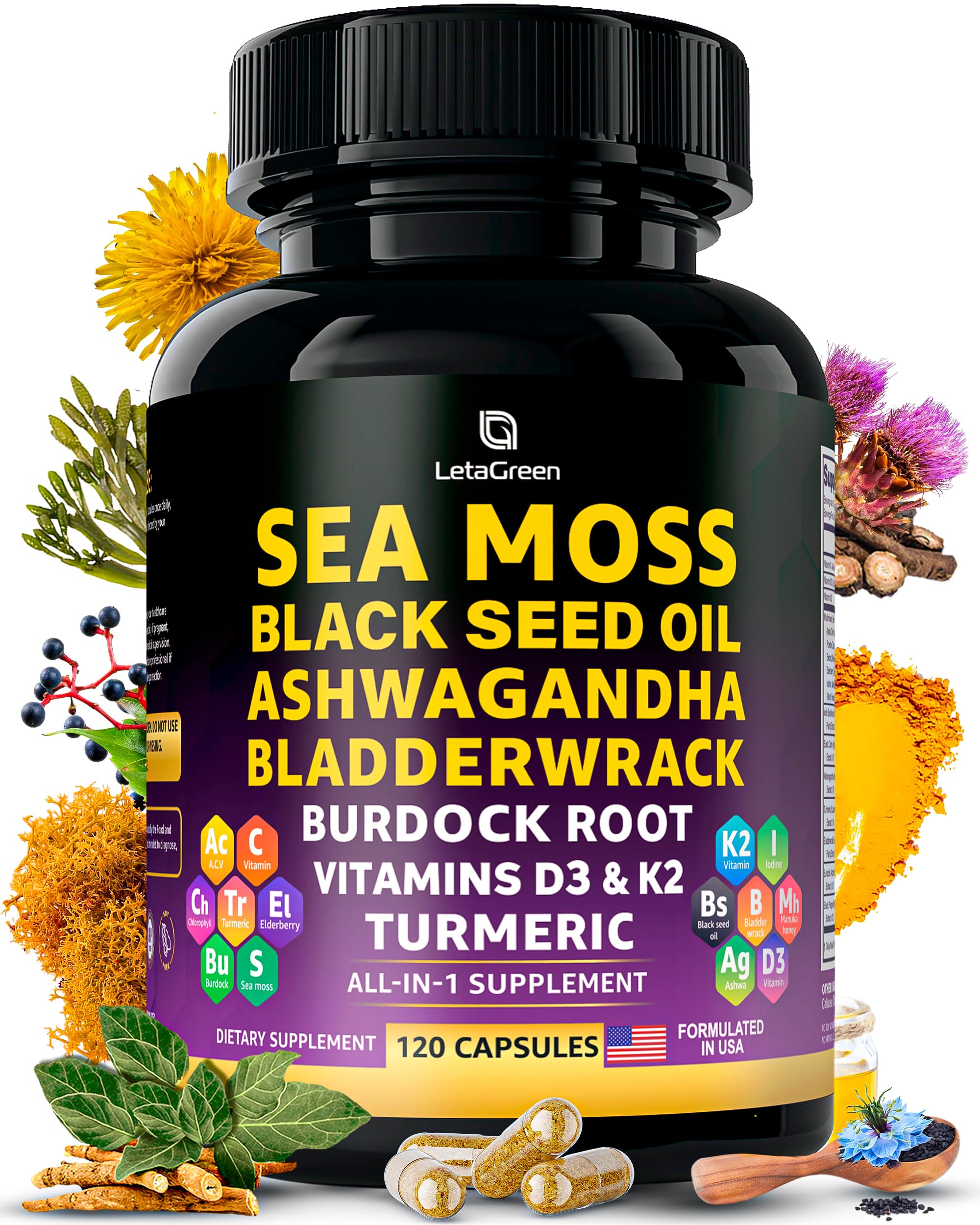 Sea Moss Capsules – 17-in-1 Blend with Black Seed Oil Ashwagandha Bladderwrack Burdock Root Turmeric Vitamin D3 K2 C for Daily Wellness – Multimineral Supplement for Men & Women – 120 Count