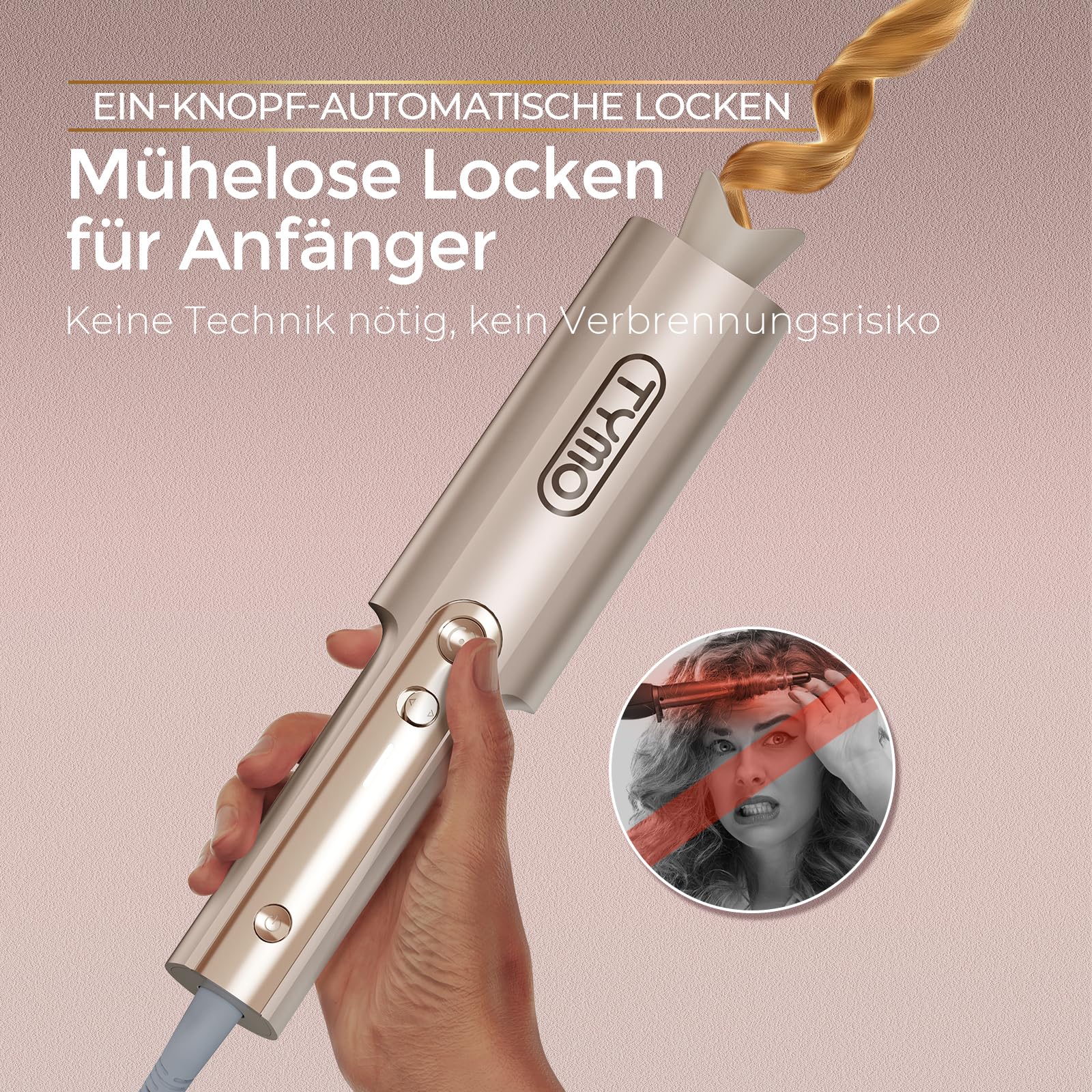 Lockenstab Automatisch - Lockenstab Große Locken 25mm Beach Waves Lockenwickler für Lange Haare TYMO Curlpro Plus Anti-Verbrennungs Hair Curler Automatischer Lockenstäbe Schnelle Erhitzung, Gold