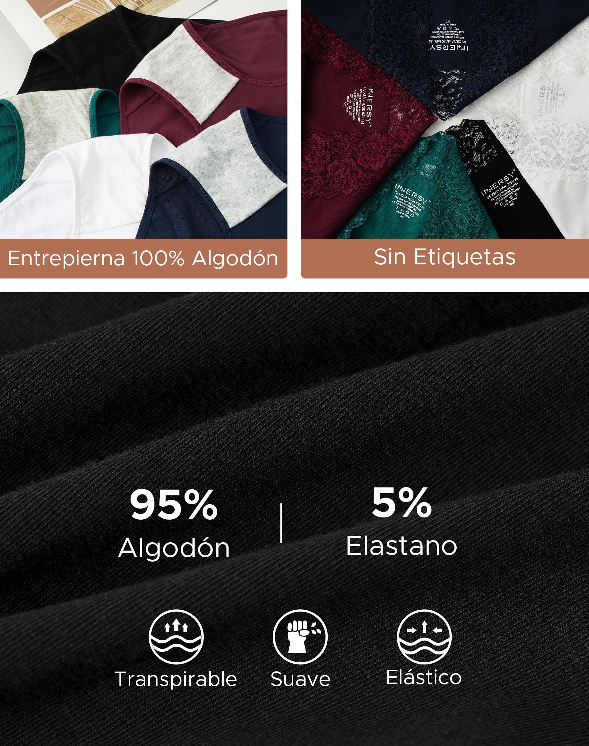 INNERSY Bragas Mujer Algodón y Encaje Cintura Media Pack de 6 Ropa Interior