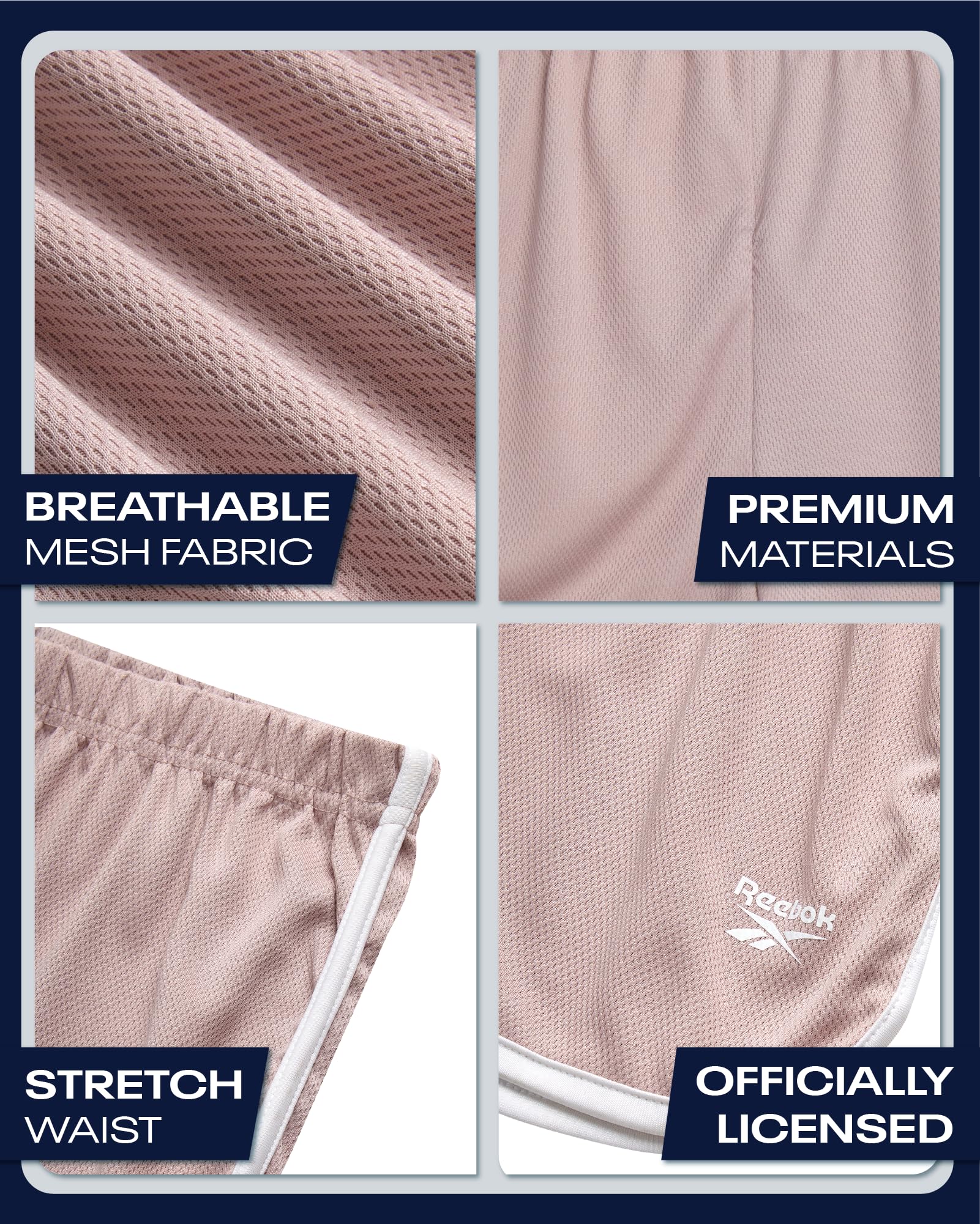 Reebok Pantalones cortos deportivos para niñas, pantalones cortos de delfín de malla ligera para correr, bailar, entrenar, fútbol, gimnasio