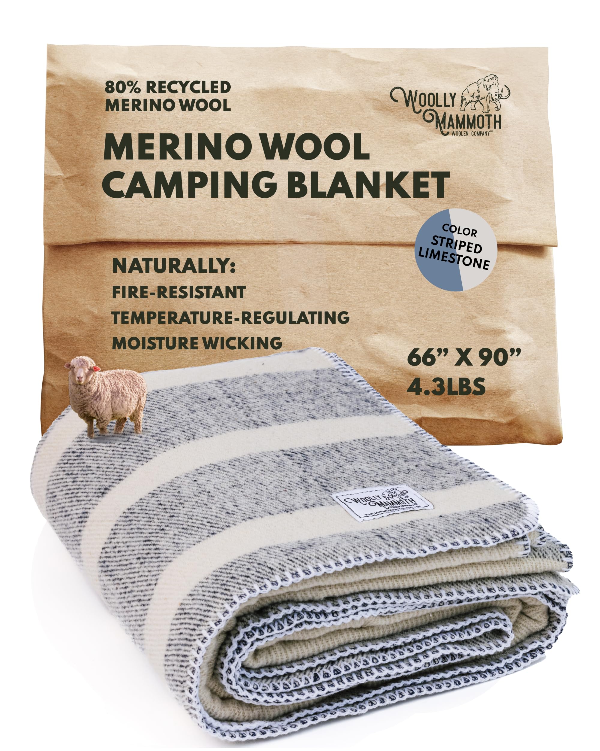 woolly mammoth woolen company wool blanket - 66 x 90 in, striped limestone, 80% merino wool - camping blankets for cold weather - double-stitched for overlanding, hunting, emergency kits, bushcraft