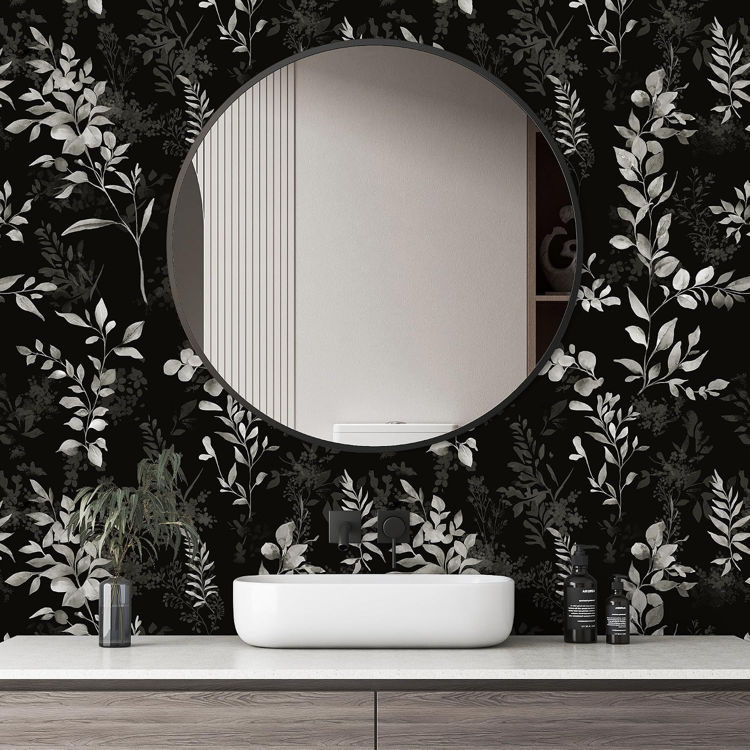 HAOKHOME Forest Peel and Stick Wallpaper Jungle Tree Wall Paper Renter Friendly Removable for Bathroom Kitchen Black/Grey Contact Paper 17.3in x 9.8ft