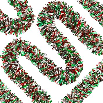 66 Ft Christmas Tinsel Garland Thick Tinsel Garland Xmas Tree Decorations Metallic Tinsel Twist Garland for Christmas, Birthday, Party Decor Indoor Outdoor Party Supplies Green-Red-Silver