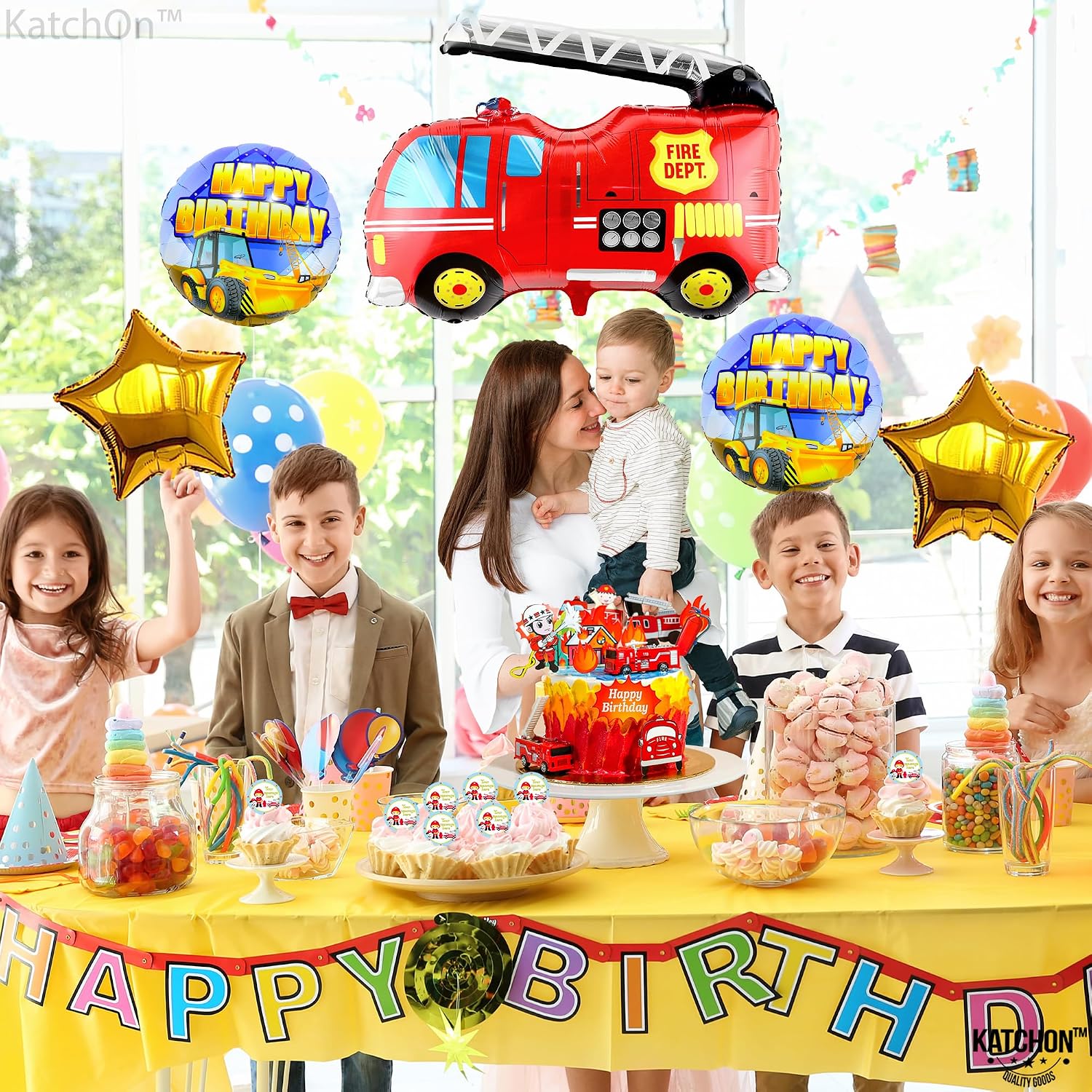 KatchOn, Large Fire Truck Balloon Set - 31 Inch, Pack of 5 | Firetruck Birthday Balloons for Firetruck Birthday Decorations | Firefighter Birthday Party Decorations | Firetruck Balloons for Birthday
