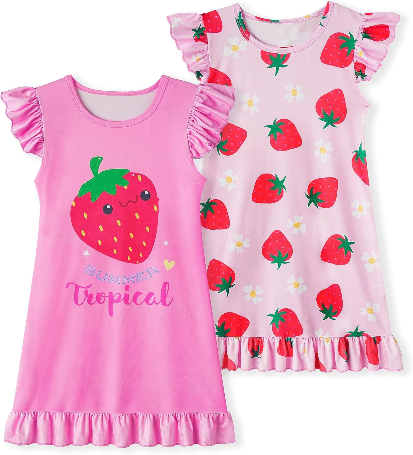 LQSZ 2Pcs Girls Nightgowns 3-10 Years Flutter Short Sleeves Nightdress Nightie Dress Sleepwear Pajamas for Little Girls