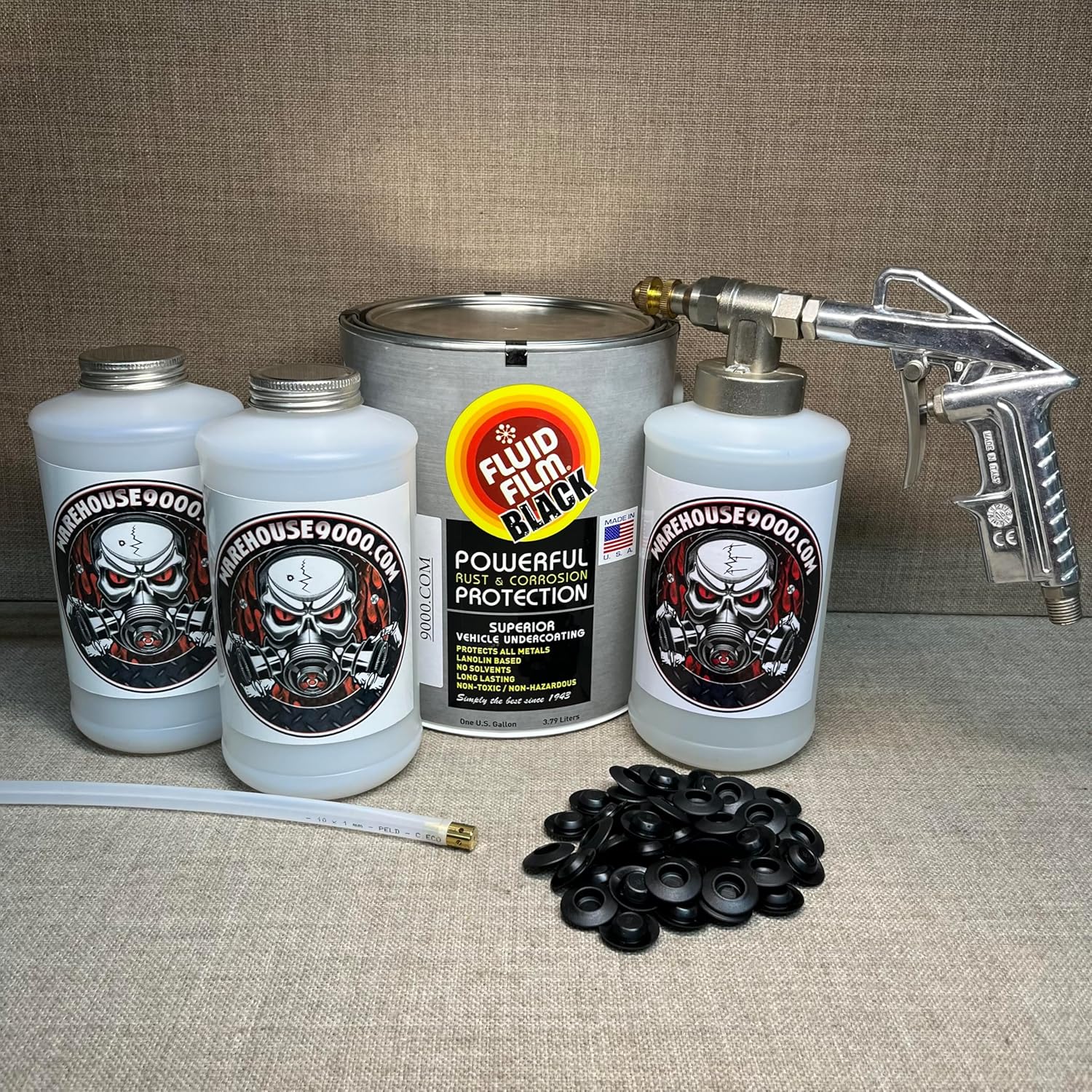 Gallon Fluid Film Black, Pro Undercoating Spray Gun, 32" 360* Wand, 3 White Quart