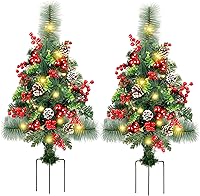 Vista 1 de Juego de 2 jarrones de árbol de Navidad para camino, árboles de Navidad artificiales iluminados mini con luces, decoraciones de Navidad al aire