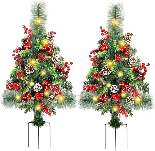 Juego de 2 árboles de Navidad pre iluminados de 30 pulgadas, decoración para árbol de Navidad al aire libre para porche, entrada, patio, jardín, con