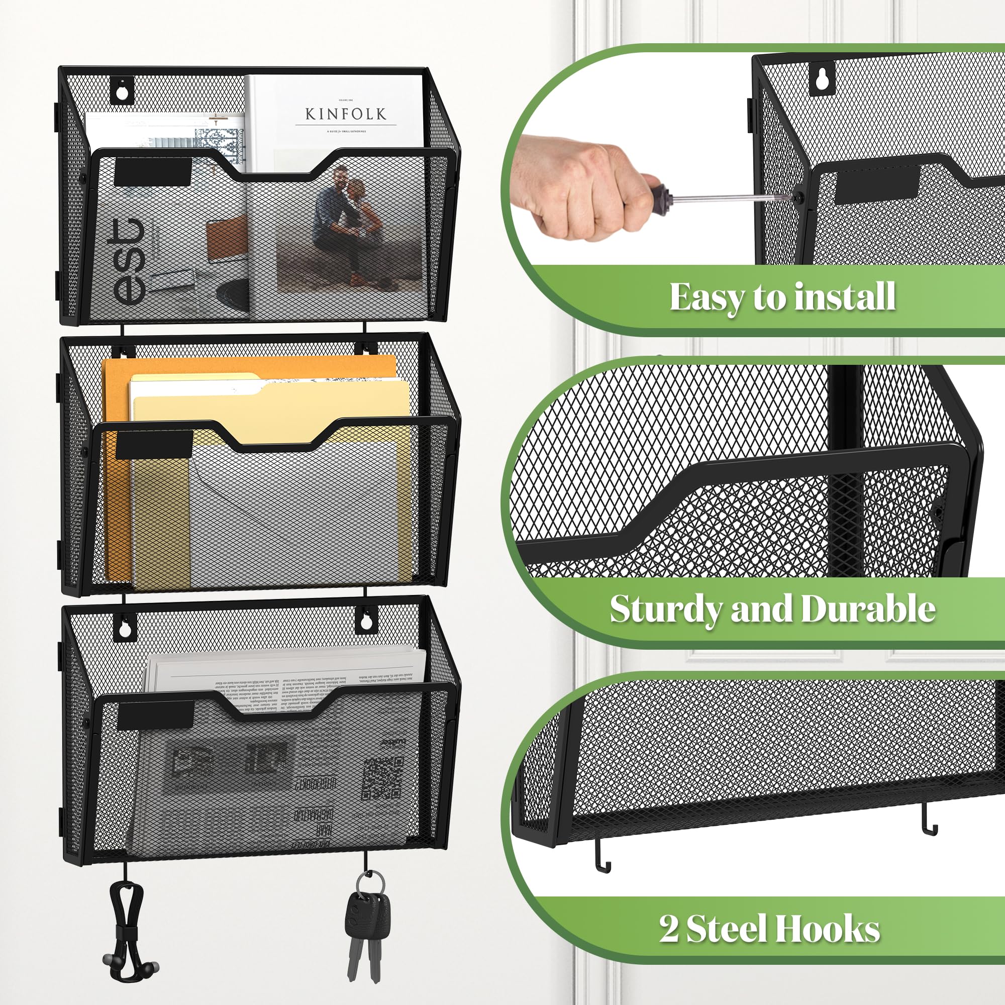 YINGHUA 6 Stück Netz-Aktenhalter zur Wandmontage – robuster Metall-Hängeorganizer mit Haken – 32,6 cm vertikale Wandkörbe für Briefpapiere, Büro, Zuhause und Schule, Aufbewahrung – Schwarz
