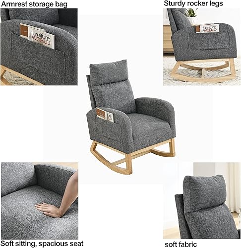 Miniatura 5 de Silla mecedora moderna con respaldo alto para sala de estar, dos bolsillos laterales (peluche, gris) Gris,Rosado,Gris