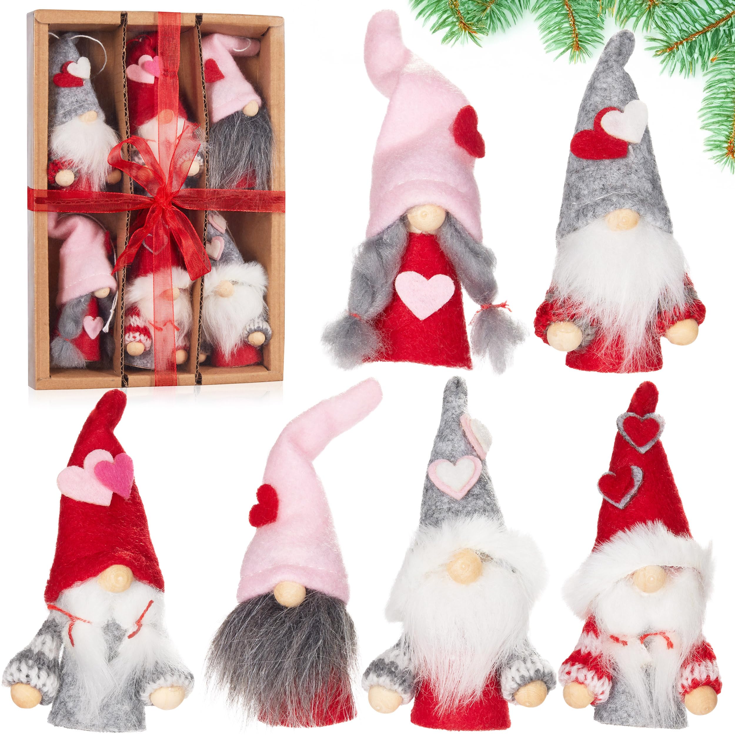 BRUBAKER Set of 6 Decorative Wooden and Knitted Gnome Heart Pendants - Christmas Gnome Tree Pendant - Valentine's Day Gift Tag Pink Red - Tree Ornament or Heart Decoration in Gift Box