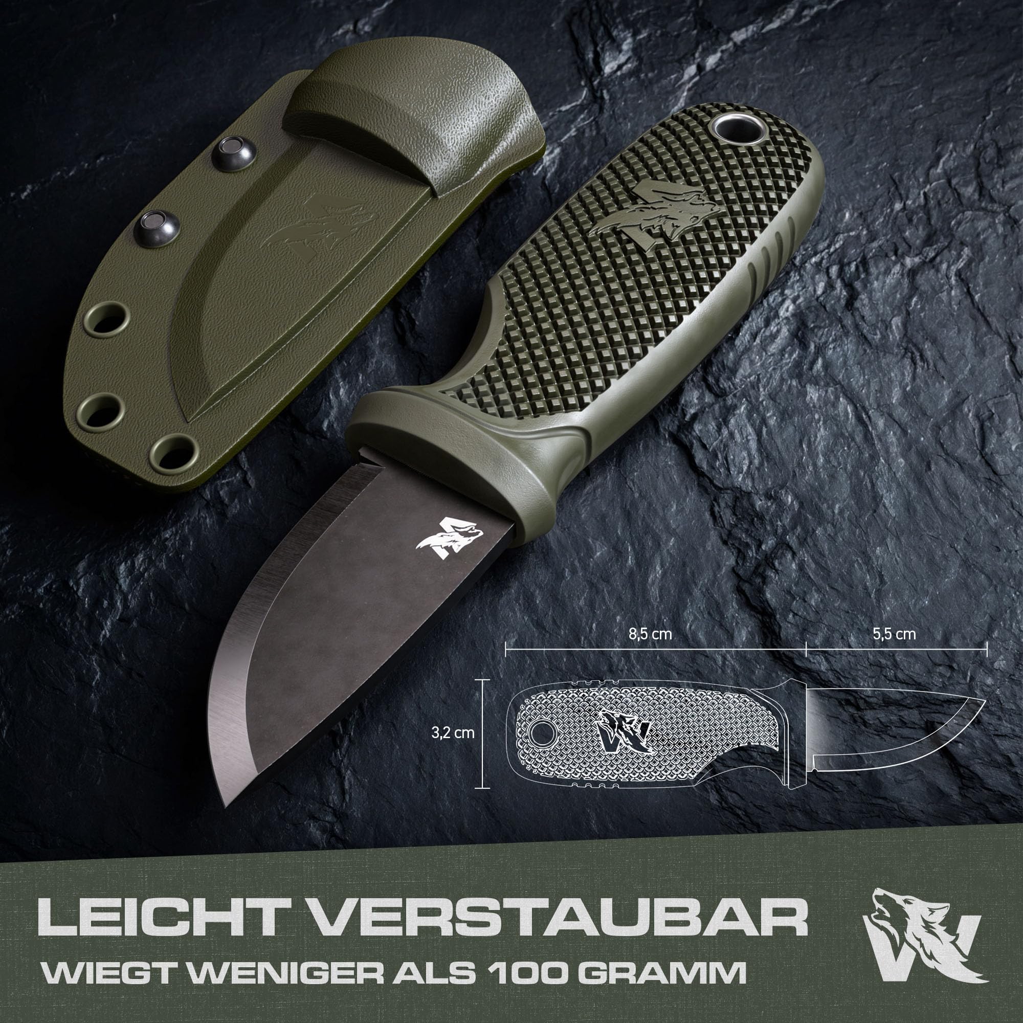 Odenwolf W-Mini 2 Neck Messer aus D2-Stahl - Feststehend mit Holster und Feuerstein - Outdoor, klein und handlich - Halskette