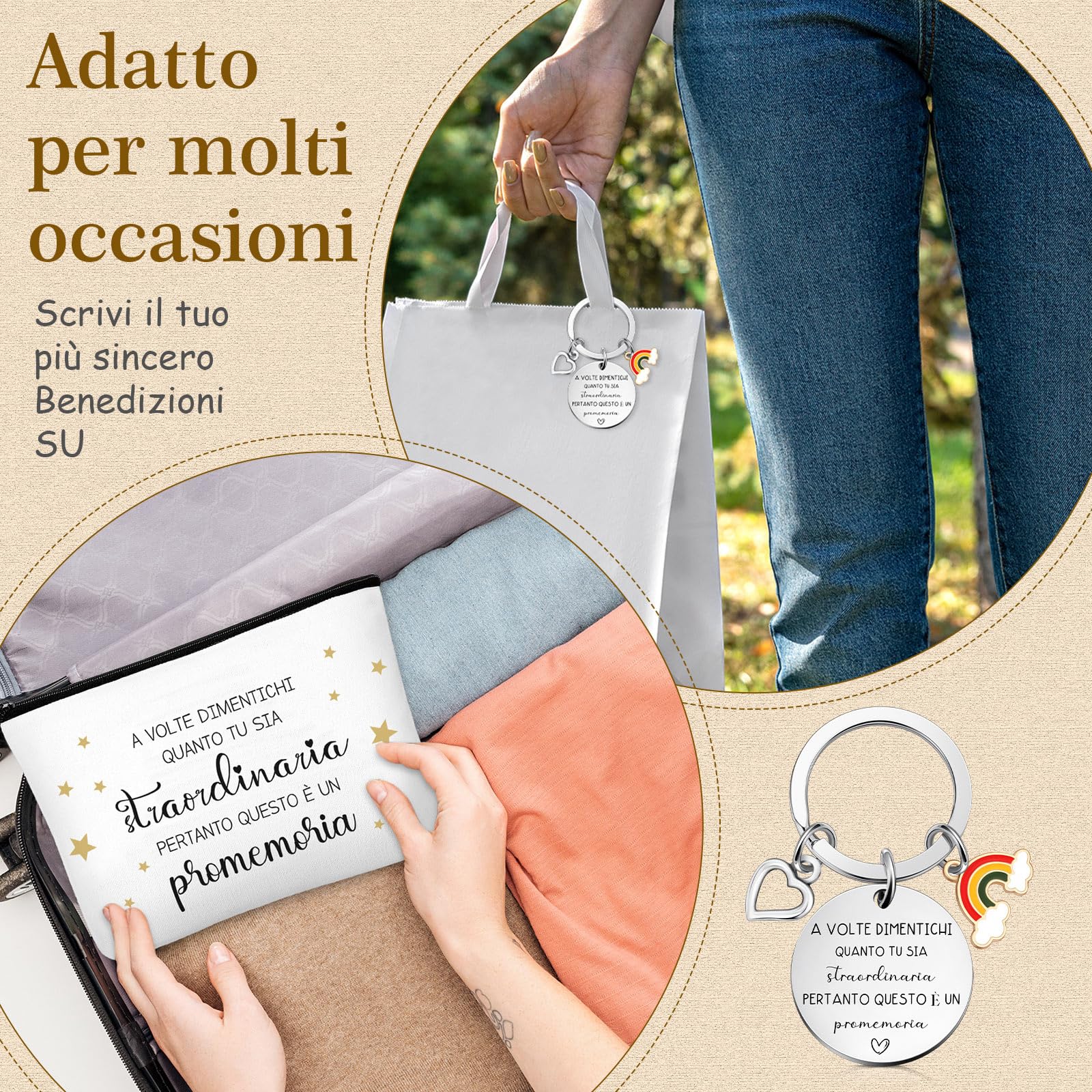 Set Regalo Motivazionale Portachiavi Regalo Ispiratore Citazione Ispiratrice Borsa per Trucco Penna a Sfera con Sacchetto Regalo per Collega e Amica Compleanno Natale Regalo(Bianco,Legno)