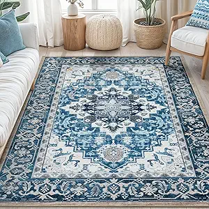 Lofus 5x7 Area Rugs for Living Room, Washable Area Rug, Rugs for Bedroom, Kitchen, Vintage Boho Carpet, Soft Non-Slip, Low Pile Large Area Rug for Office Dining Room, Floral Light Blue