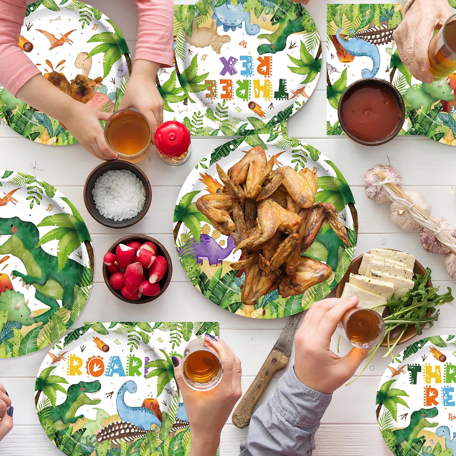 140PCS Three Rex Birthday Decorations,Boys Dinosaur Birthday Theme Party Tableware Set Plates Napkins Cups for Dinosaur 3rd Birthday Party Supplies Serves 20 Guests
