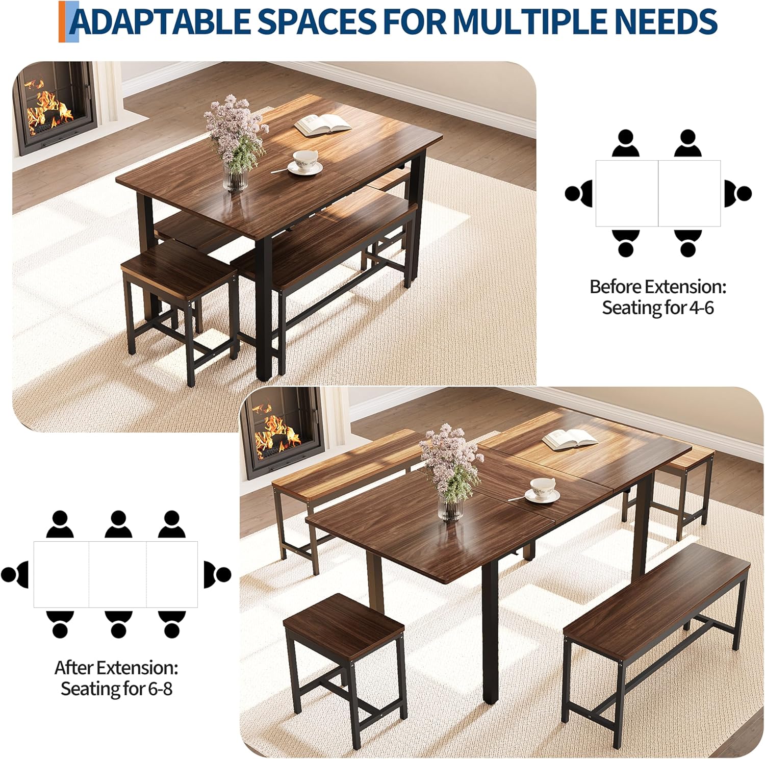 GarveeHome 5-Piece Dining Table Set for 4-8 People, 63" Large Extendable Kitchen Table Set with 2 Benches and 2 Square Stools, Modern Dining Room Furniture Sets, Easy Assembly, Espresso Espresso Brown image 7 of 9 B0FLXT5KZQ