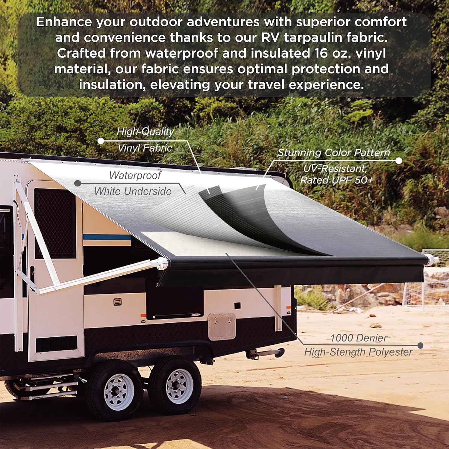 Diagram showing the layered construction of the awning fabric, including vinyl and polyester.
