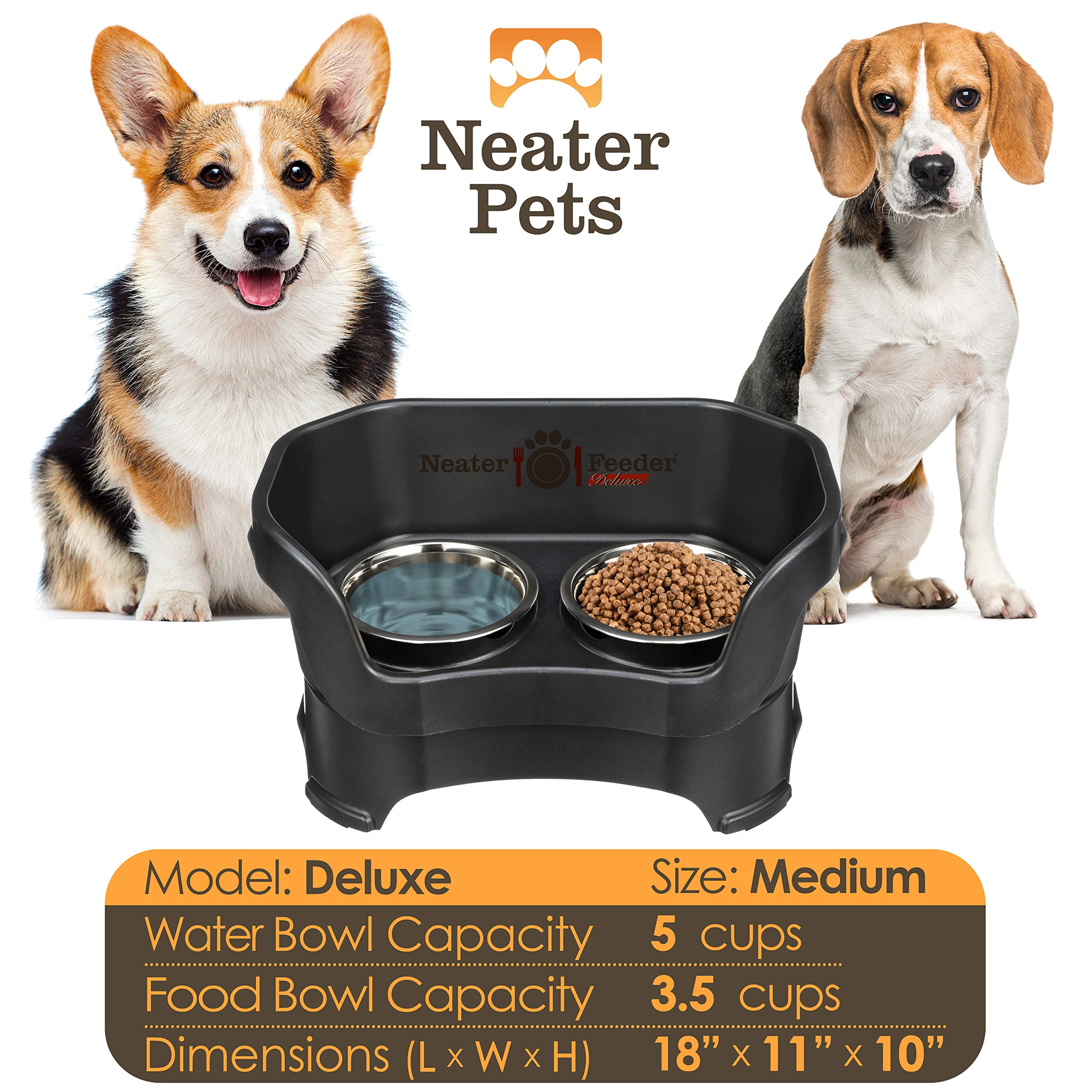 Neater Feeder Deluxe for Medium Dogs - Mess Proof Pet Feeder with Stainless Steel Food & Water Bowls - Drip Proof, Non-Tip, and Non-Slip - Midnight Black