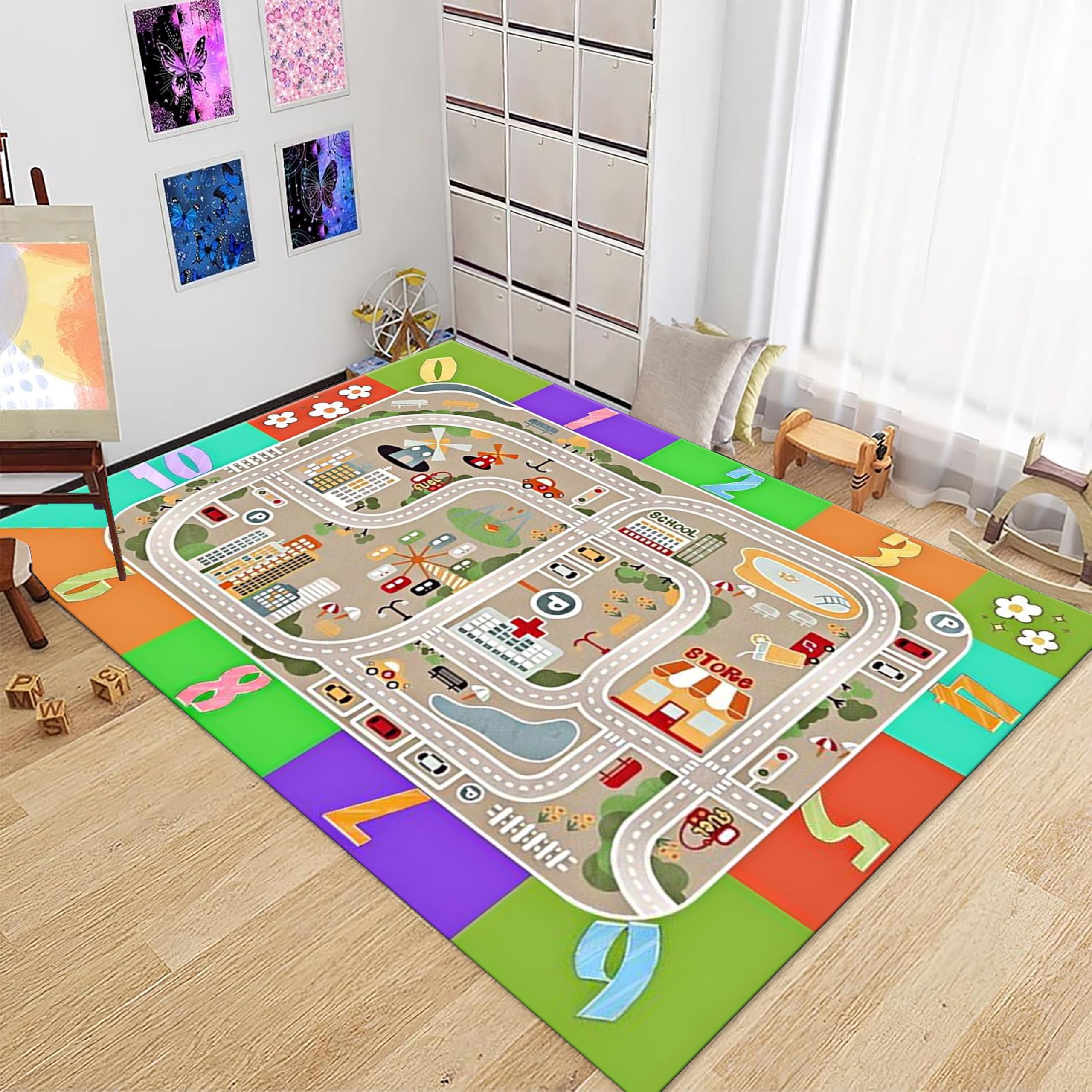 PDENZG Bedroom Kids Rugs,100x150cm, Kid Car Road Rug,Soft Colorful Digital Colors Education Classroom Nursery Rugs ，Boys Kids Car Track Play Mat Rug, for Classroom Children's Bedroom Daycare。