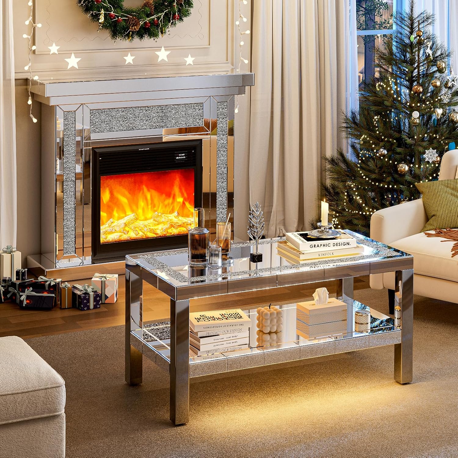 IKIFLY Mirrored 2-Tier Coffee Table with LED Light, Rectangle Mirrored Coffee Table with Crushed Diamond & Stainless Steel Legs, Silver Living Room Table