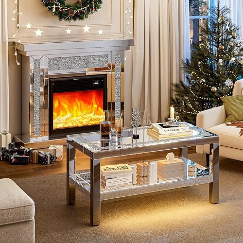 Miniatura 26 de IKIFLY Mesa de centro con espejo con 2 niveles, mesa de centro rectangular 2 en 1 con diamante triturado, mesa de sala de estar plateada con patas