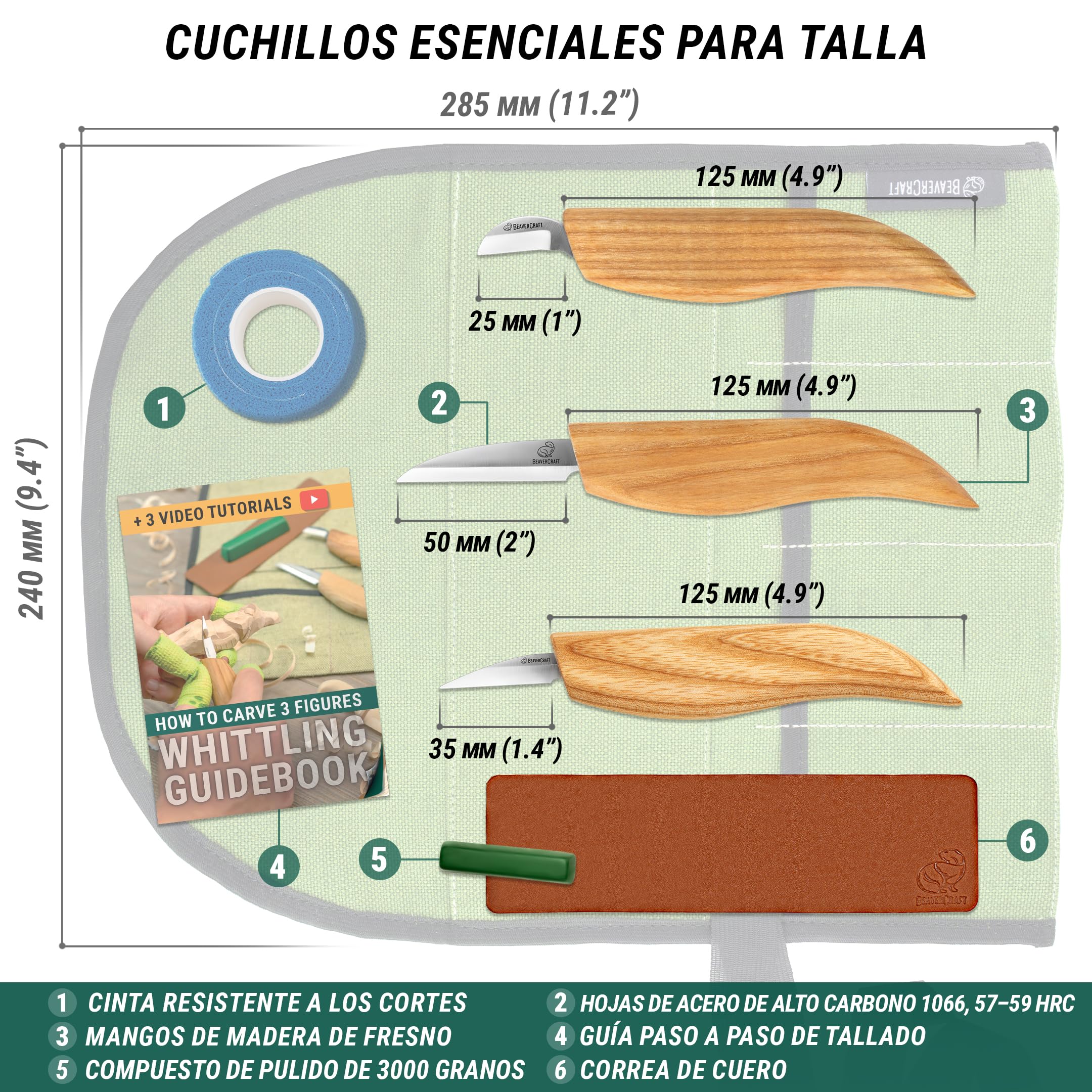 BeaverCraft Kit Cuchillos Tallado Madera S15 – Kit Whittling para Principiantes y Niños, Con Cuchillo Detalle Sloyd, Correa de Cuero, Compuesto de Pulido y Tutoriales