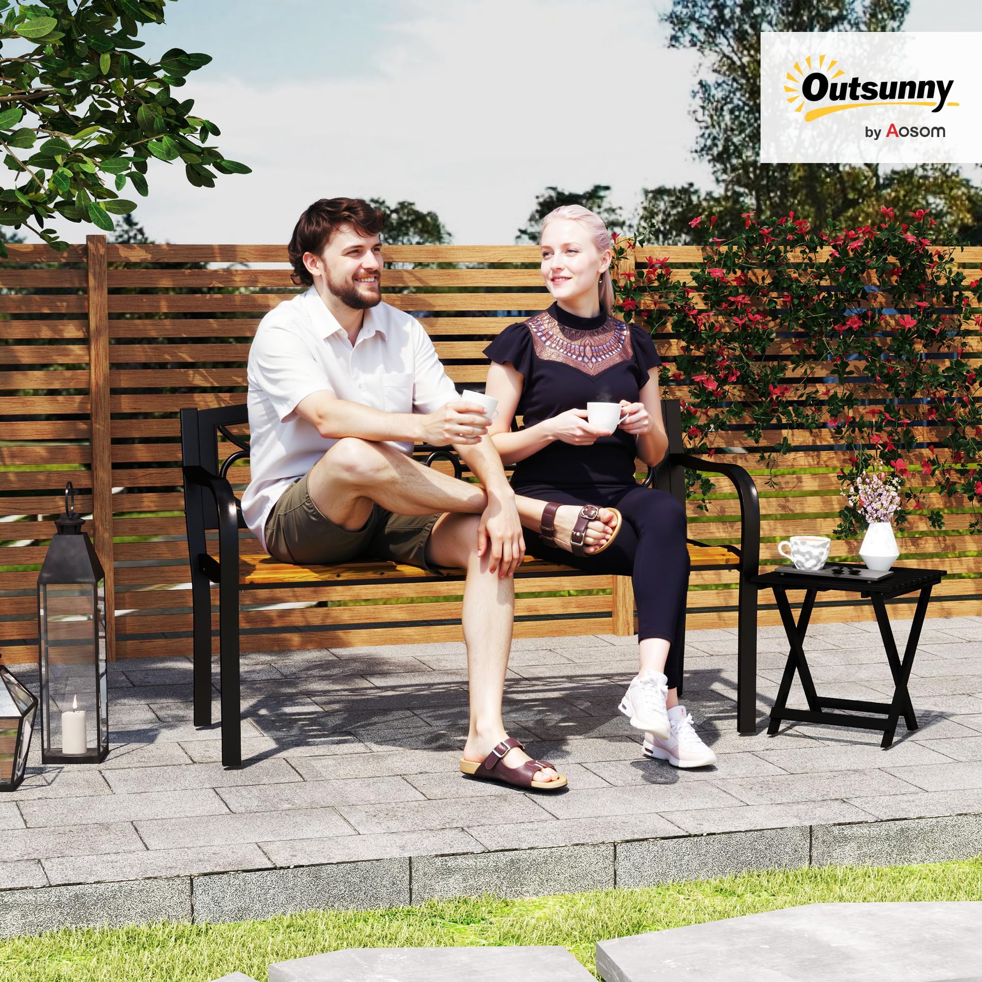 Outsunny Banco de Jardín Exterior de 2 Plazas Banco de Exterior con Asiento de Madera y Marco de Acero para Patio Terraza 127x56x80 cm Negro y Natural