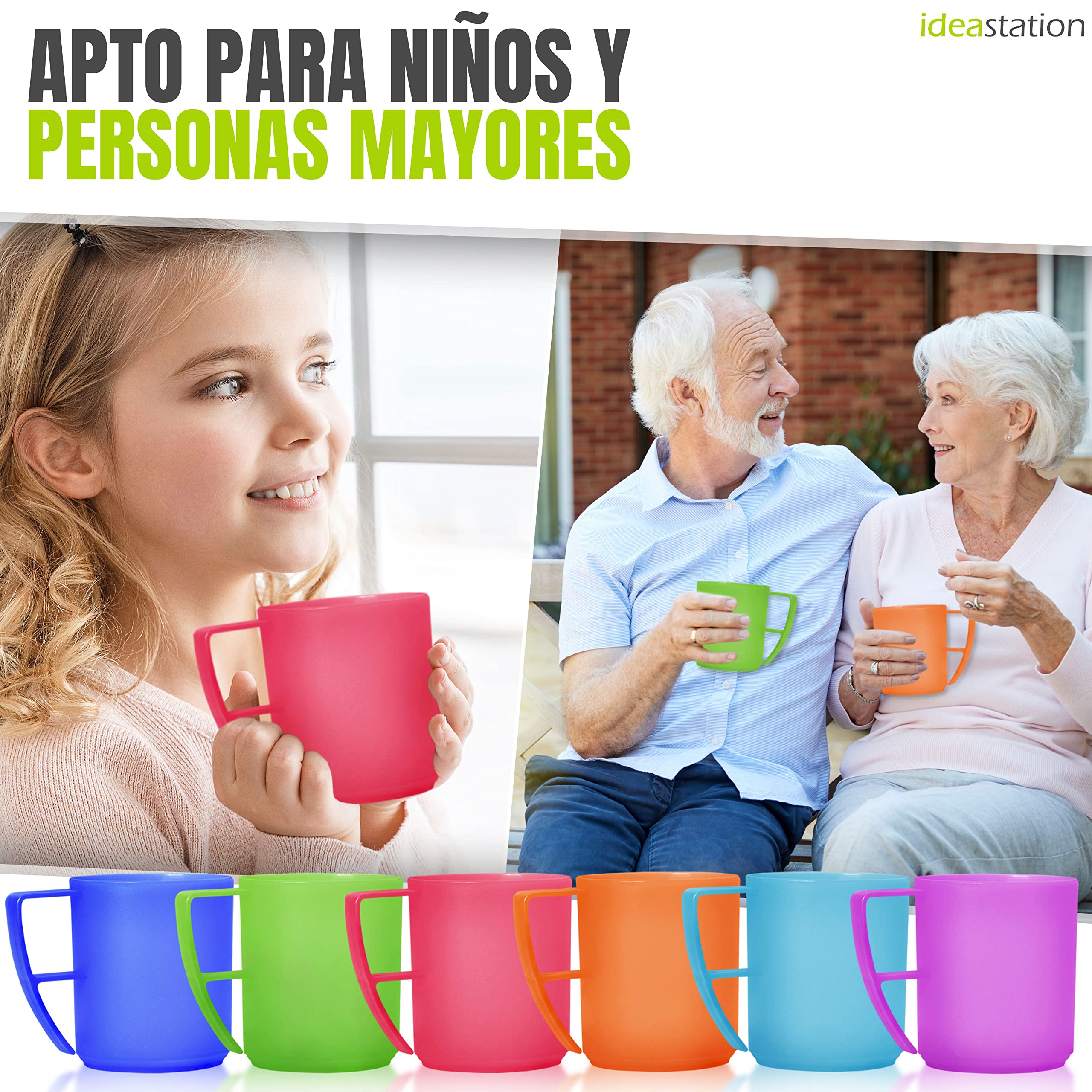 NEO Juego de 6 tazas de plástico para camping, 6x 350 ml - COLORES - taza de café o té irrompibles - tazas de plástico con asas ideales para llevar, vajilla camping