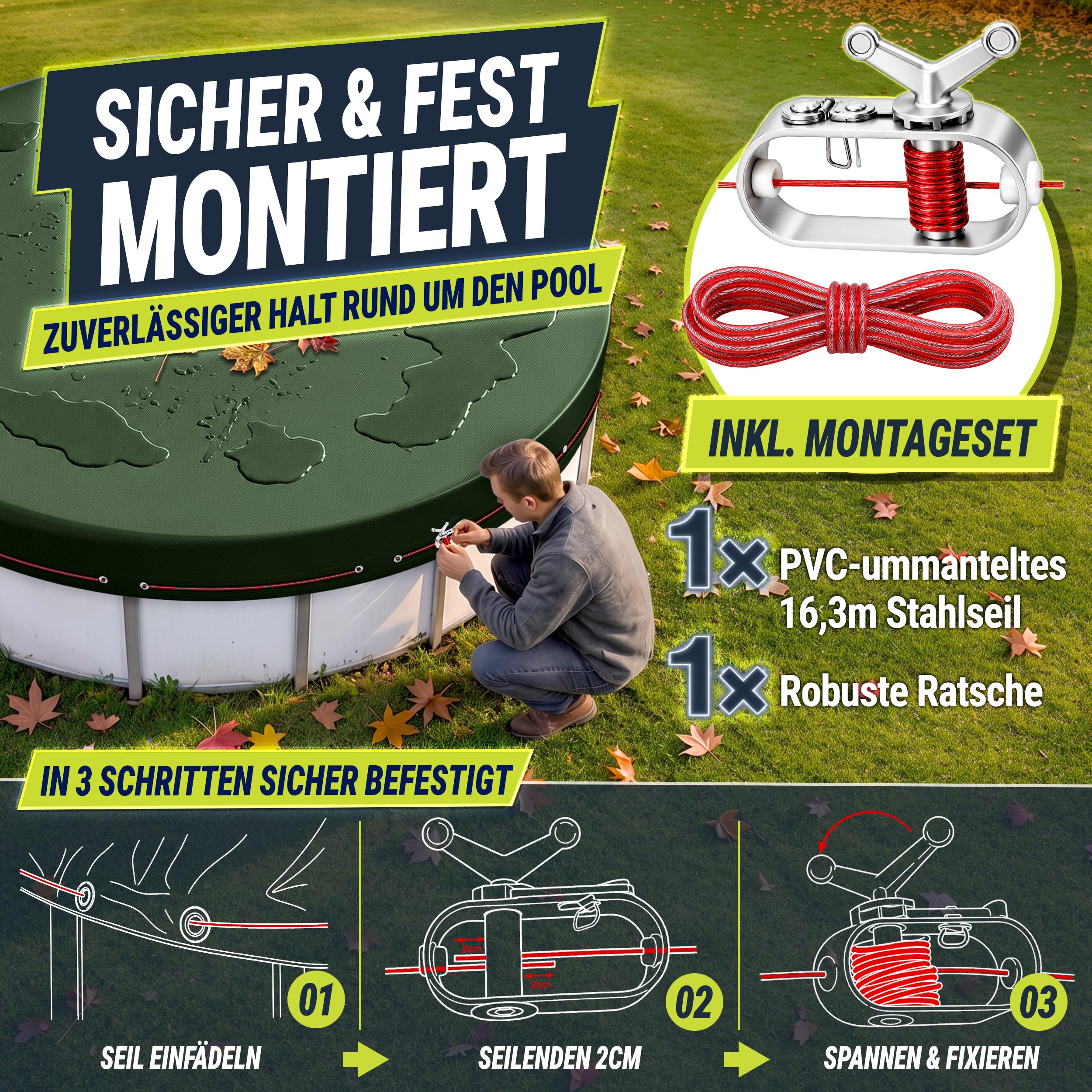 tillvex® Premium Poolabdeckung rund ø 520cm für Ø 420-460cm mit Montageset