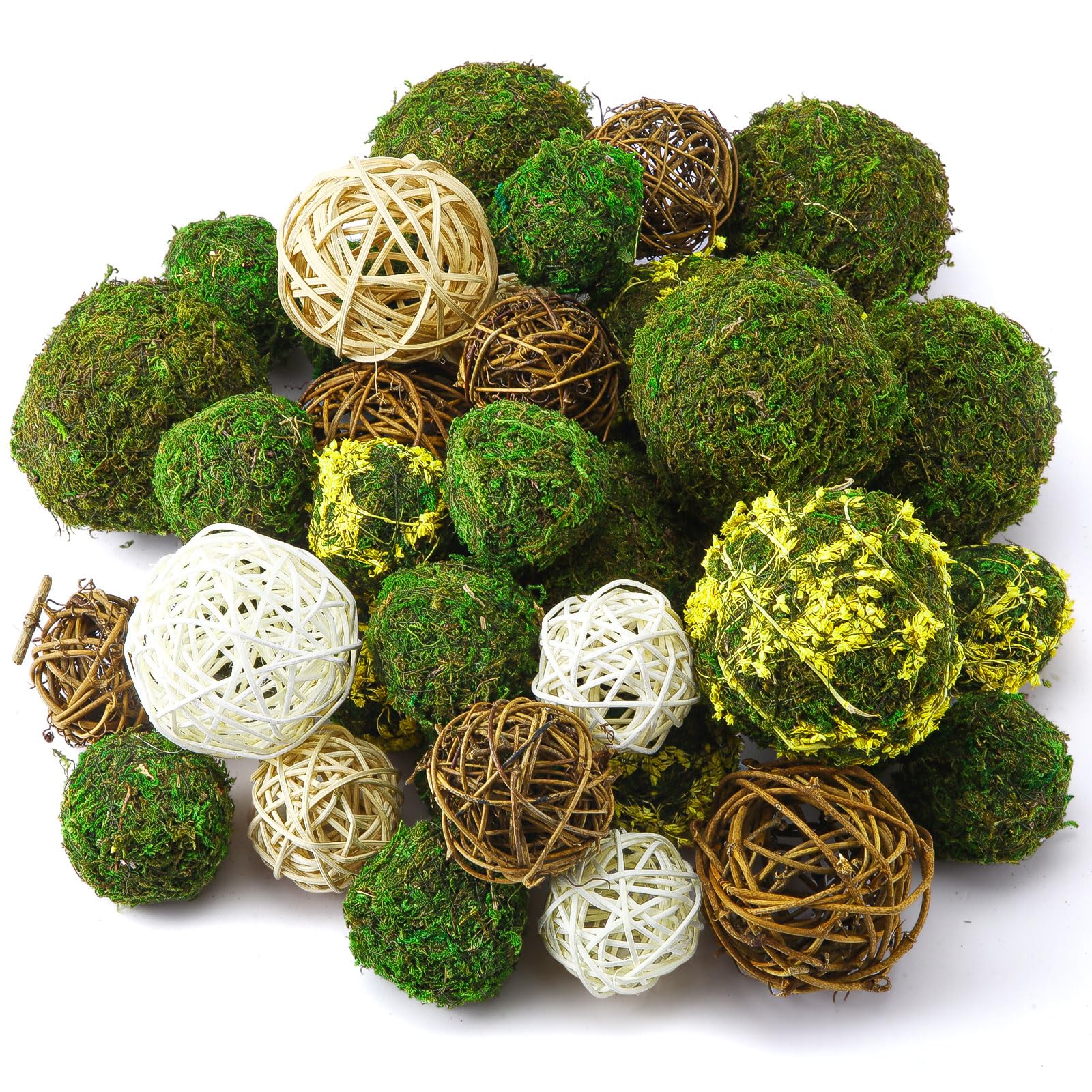 Yunsailing 36 Pcs Moss Decorative Balls for Centerpiece Bowls and Rattan Wicker Balls Handmade Moss Orbs Vase Filler for Garden Wedding Home Christmas Party Decoration(Retro Colors)
