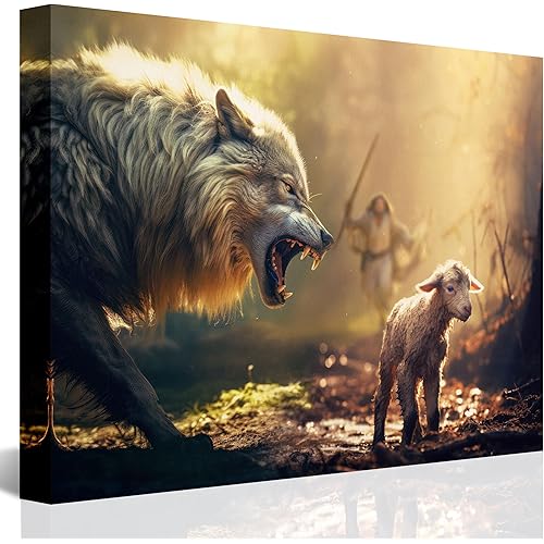 GUN SUPPLIES OUTLET LLC Christian Wall Art Jesus Running Towards Wolf and Lamb Pictures Jesus Art Wall Decor for Living Room Bedroom Church Decorations 30x24 inch