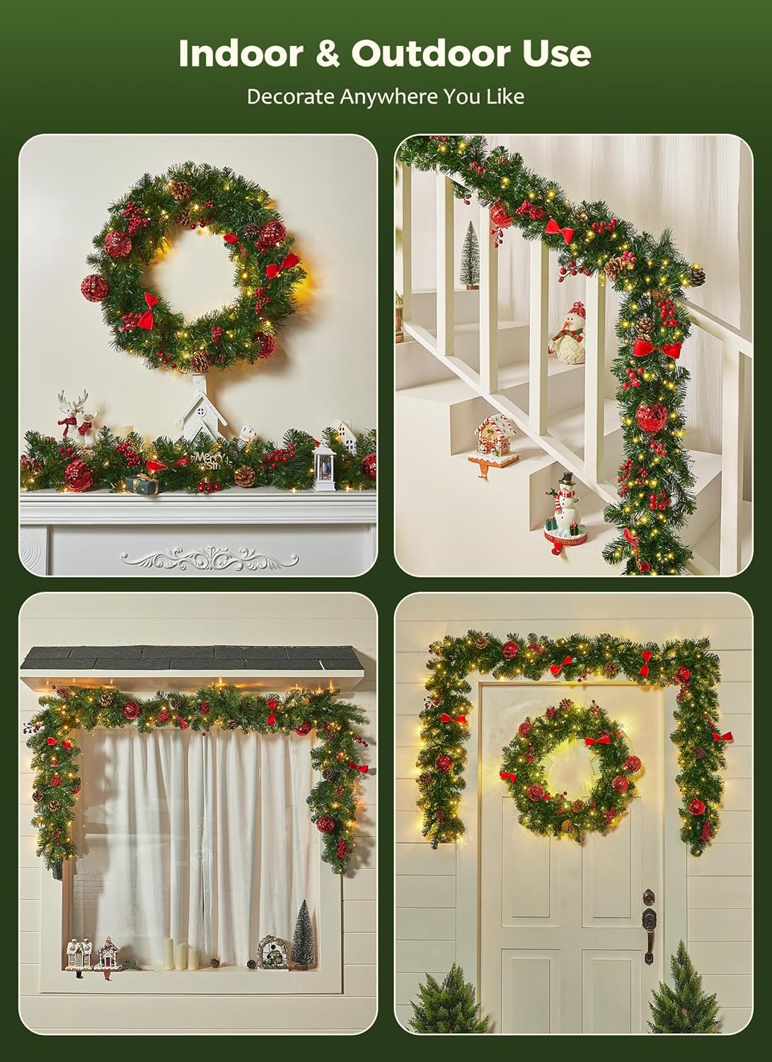 Brightown 9FT Christmas Garland with Lights, Battery Operated Prelit Garland with Pinecones, Berries, Bows, Ornaments, 100 LED White Lights, 8 Modes, Timer, for Mantle, Stairs, Fireplace, Door, Fence - Image 8