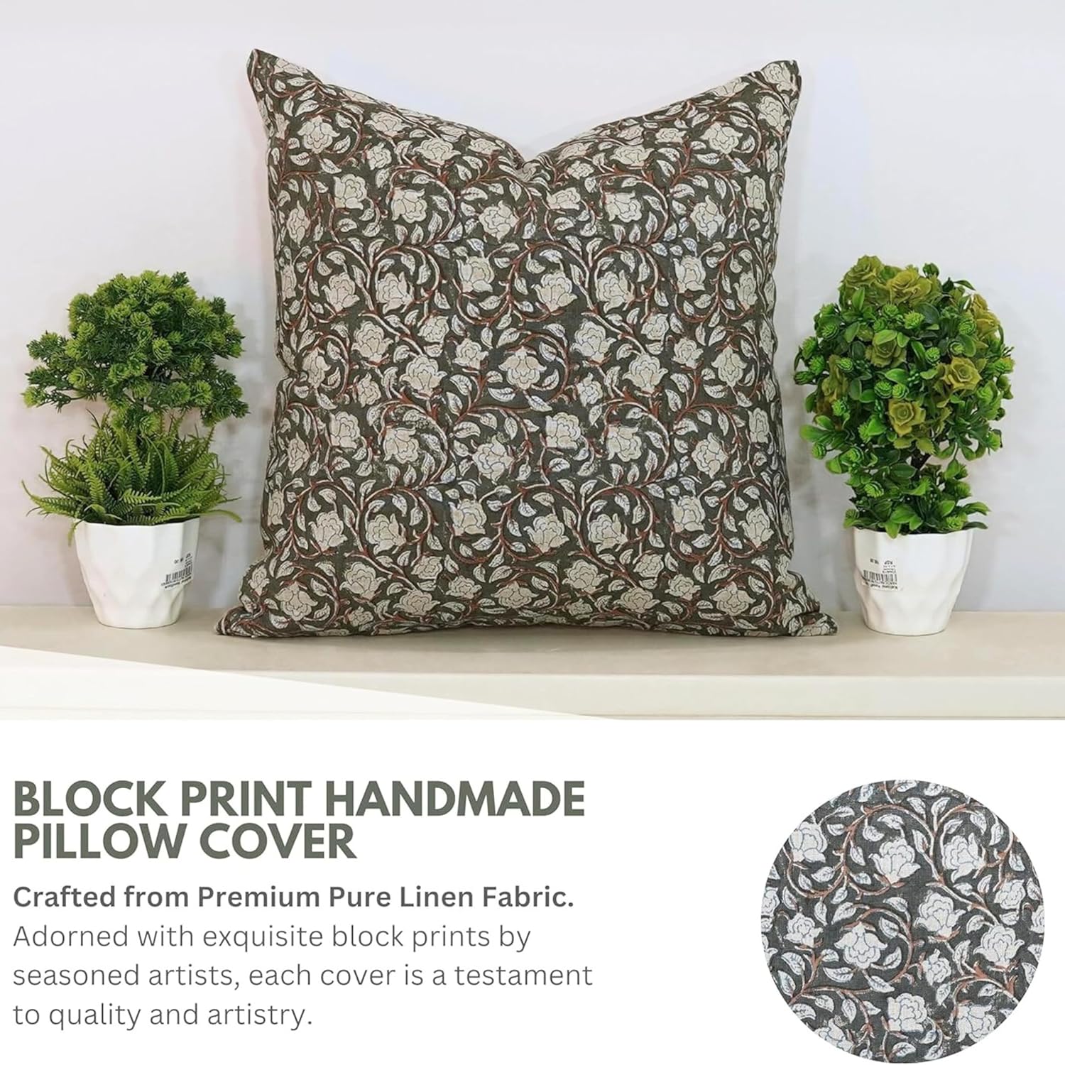 Duck Canvas Fabric Handmade Block Floral Print 26x26 Inch Throw Pillowcase Cushion Cover Decorative for Outdoor,Farmhouse, Living Room, Sofa, Bed and Couch (Blue-Amritvella)