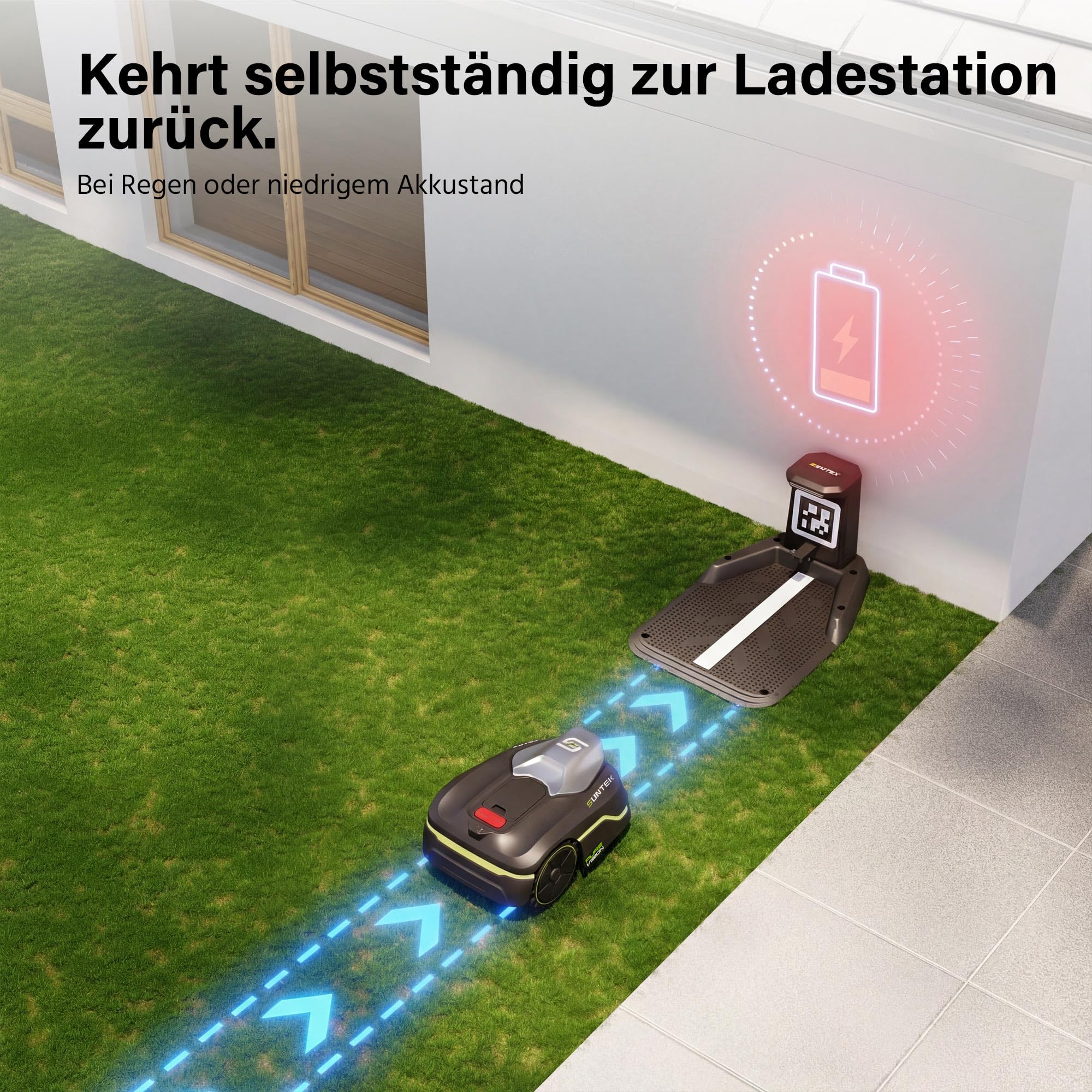 SUNTEK SRM2025 Mähroboter ohne Begrenzungskabel, KI Pure Vision Rasenmäher Roboter für 250 m² mit automatischer Kartierung, 35% Steigung, Wasserdichtigkeit IPX5, Automatische Kartierung, APP-Steuerung