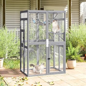 Catio Outdoor Cat Enclosure - Premium Wooden Cat Catio with Window Access & Breathable Mesh, Weatherproof Kitty House for Patio/Backyard/Indoor Gray