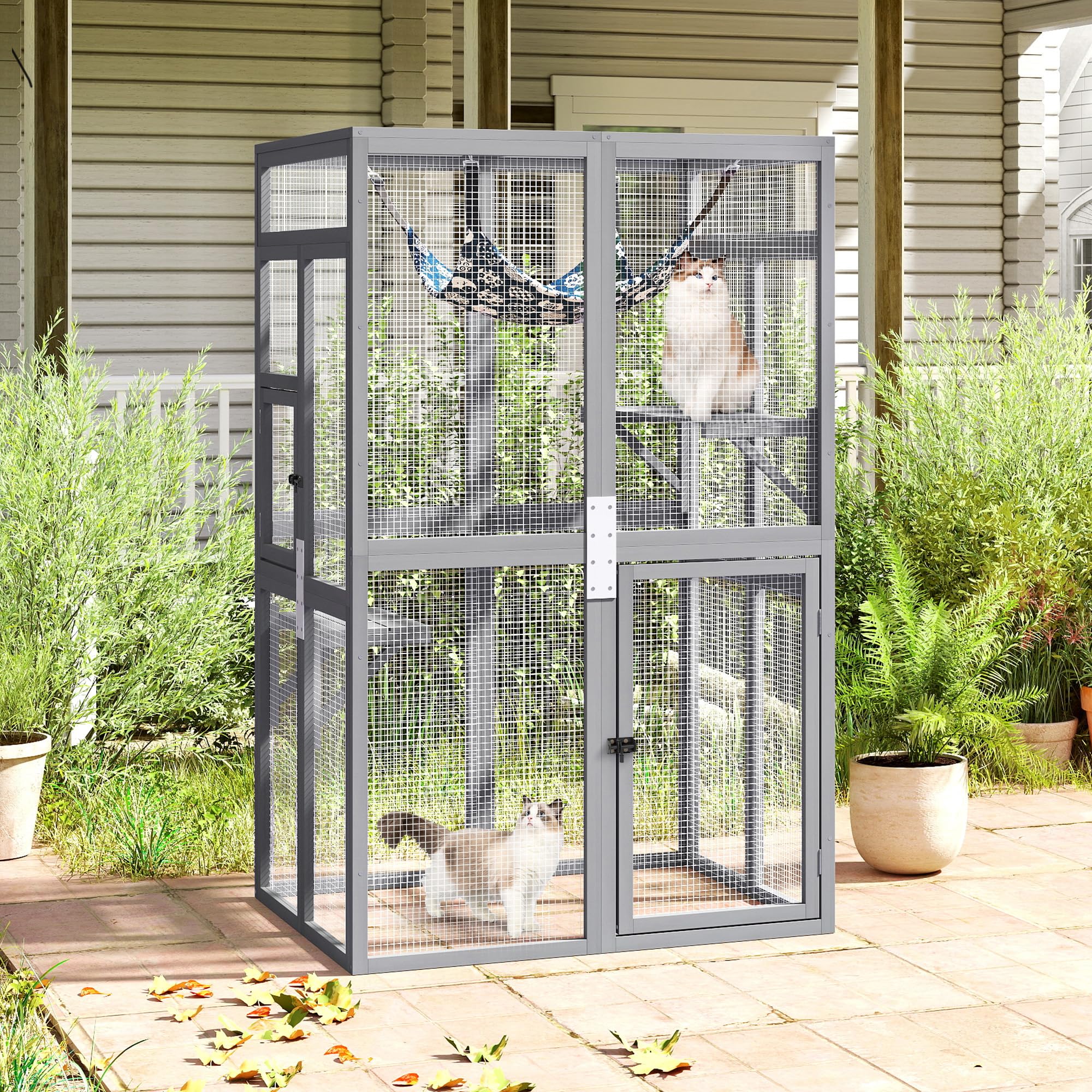 Catio Outdoor Cat Enclosure - Premium Wooden Cat Catio with Window Access & Breathable Mesh, Weatherproof Kitty House for Patio/Backyard/Indoor (Gray)