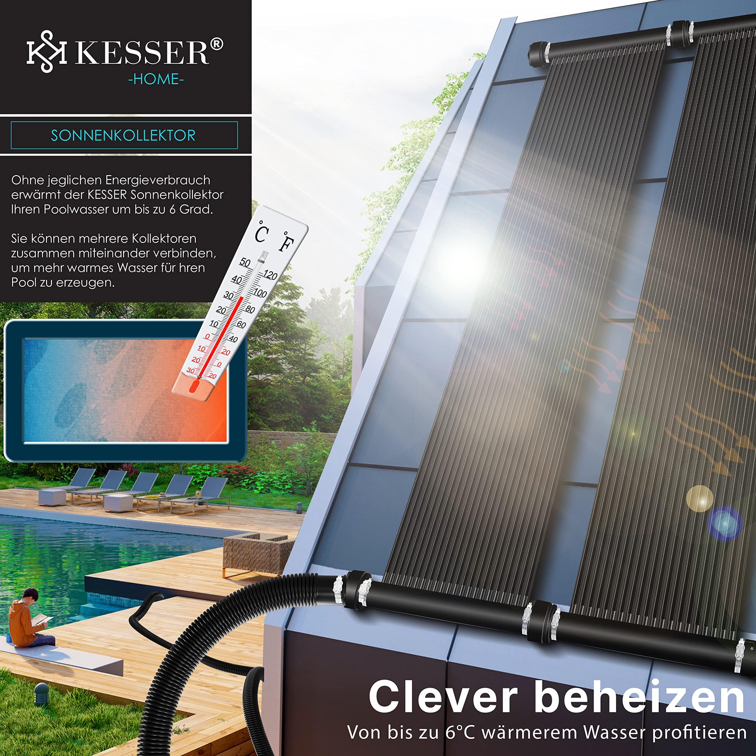 KESSER Solarkollektor Poolheizung 300x70 cm Solar Poolheizer bis 12.000L UV-beständiger Kunststoff