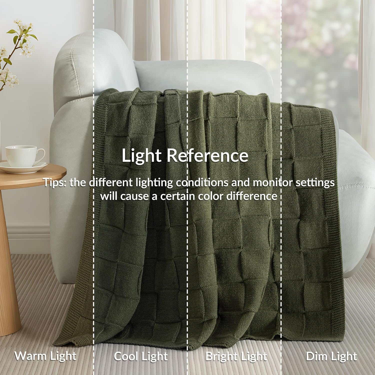 Whale Flotilla Knit Checkered Throw Blanket for Couch, Soft Fuzzy Decorative Knitted Blankets for Sofa Bed, Lightweight Cozy Warm Throws for Spring Summer, 60x80 Inch, Olive