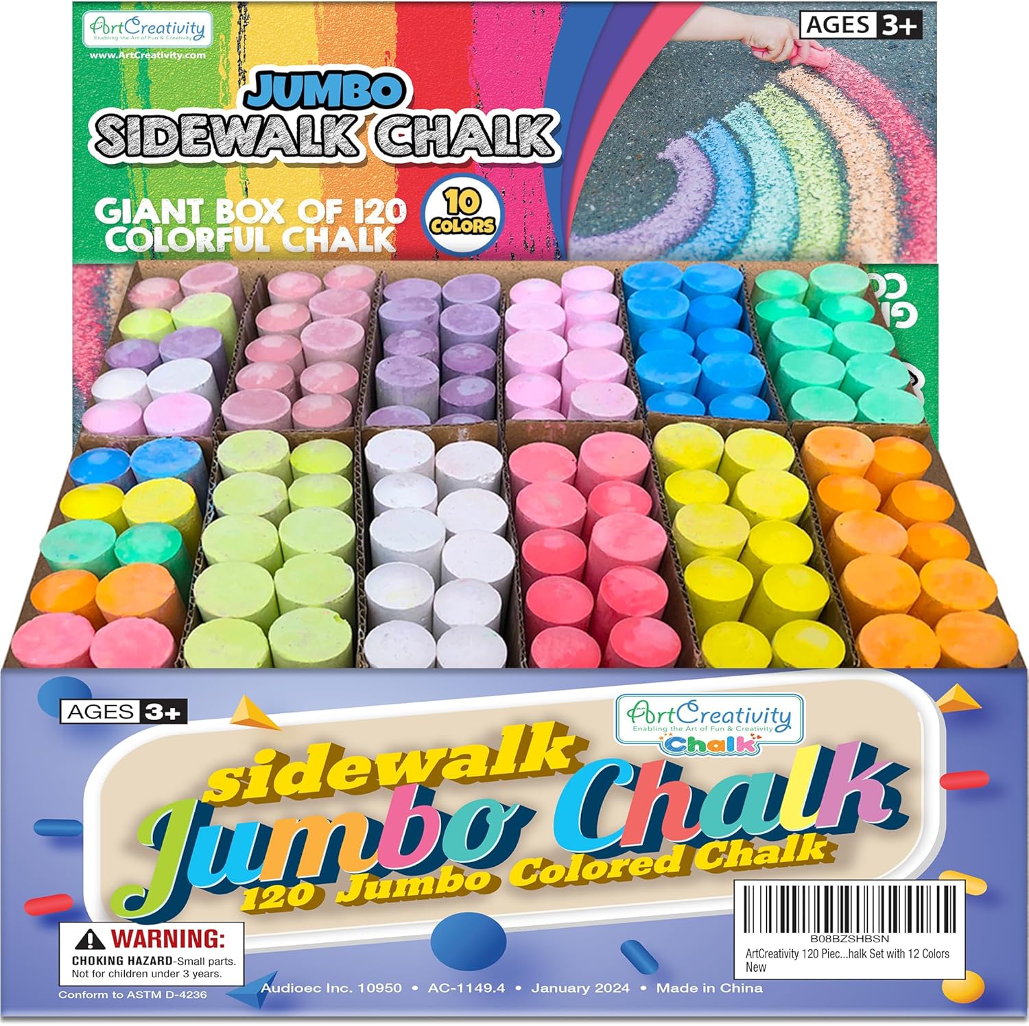 ArtCreativity Jumbo Sidewalk Chalk Set for Kids, Giant Box of 120 Colorful Chalk Pieces, Non-Toxic, Dust-Free, Washable in 10 Colors, For Driveway, Pavement, Outdoors, Great Arts & Crafts