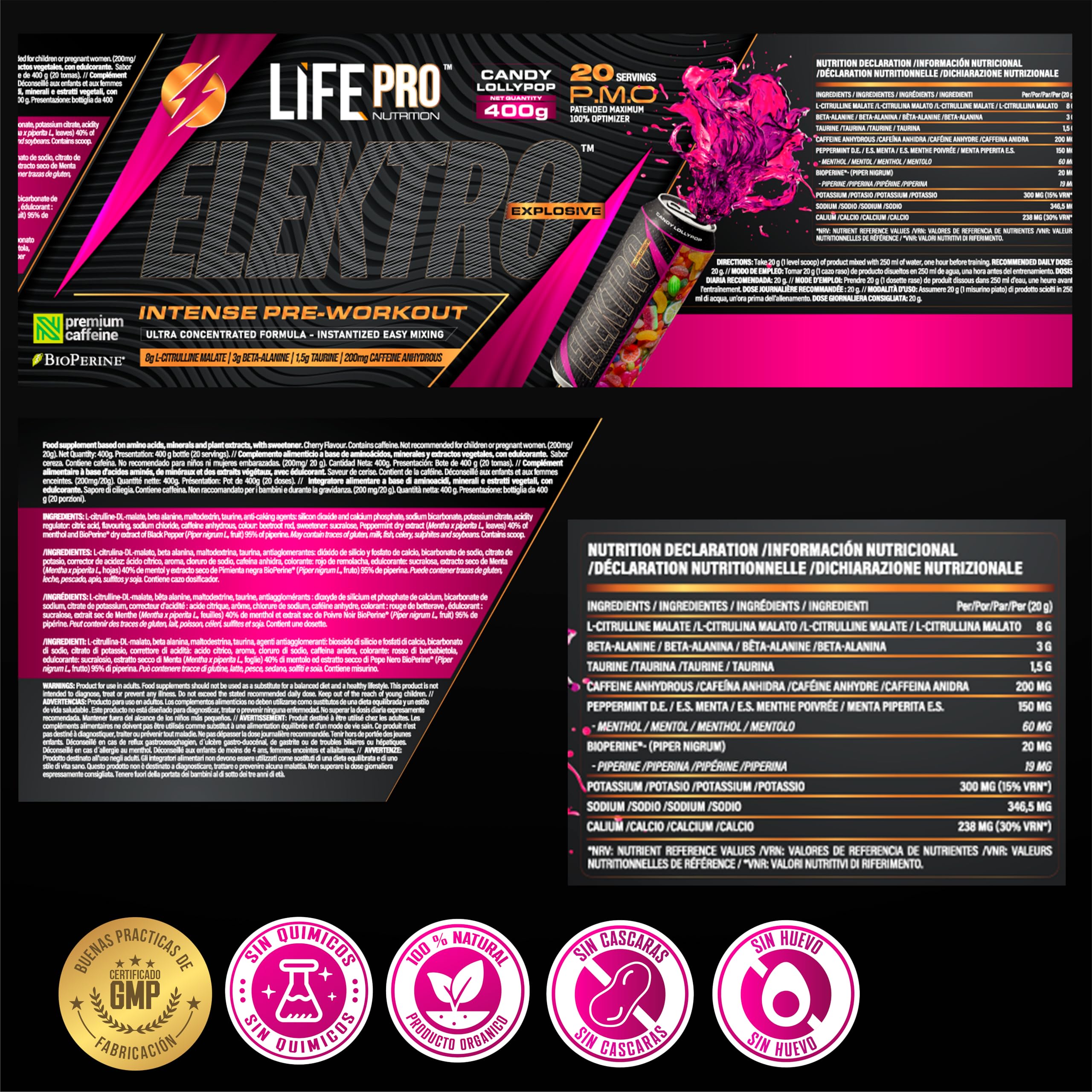 Pre Entreno Life Pro Elektro 400g - Pre Workout Potente con Citrulina Malato 8000mg, Beta Alanina 3000mg, Taurina 1500mg y Cafeína 200mg, Preentreno para Energía, Bombeo y Rendimiento | Sabor Lollipop