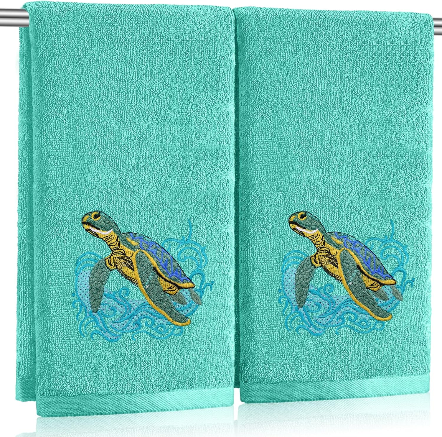 SmoothNovelty 2 Pcs Sea Turtle Hand Towels Teal Bathroom Decor 14x29 Inch Embroidered 100% Cotton Soft Absorbent Spring Summer Decorative Hand Towels for Bathroom Kitchen