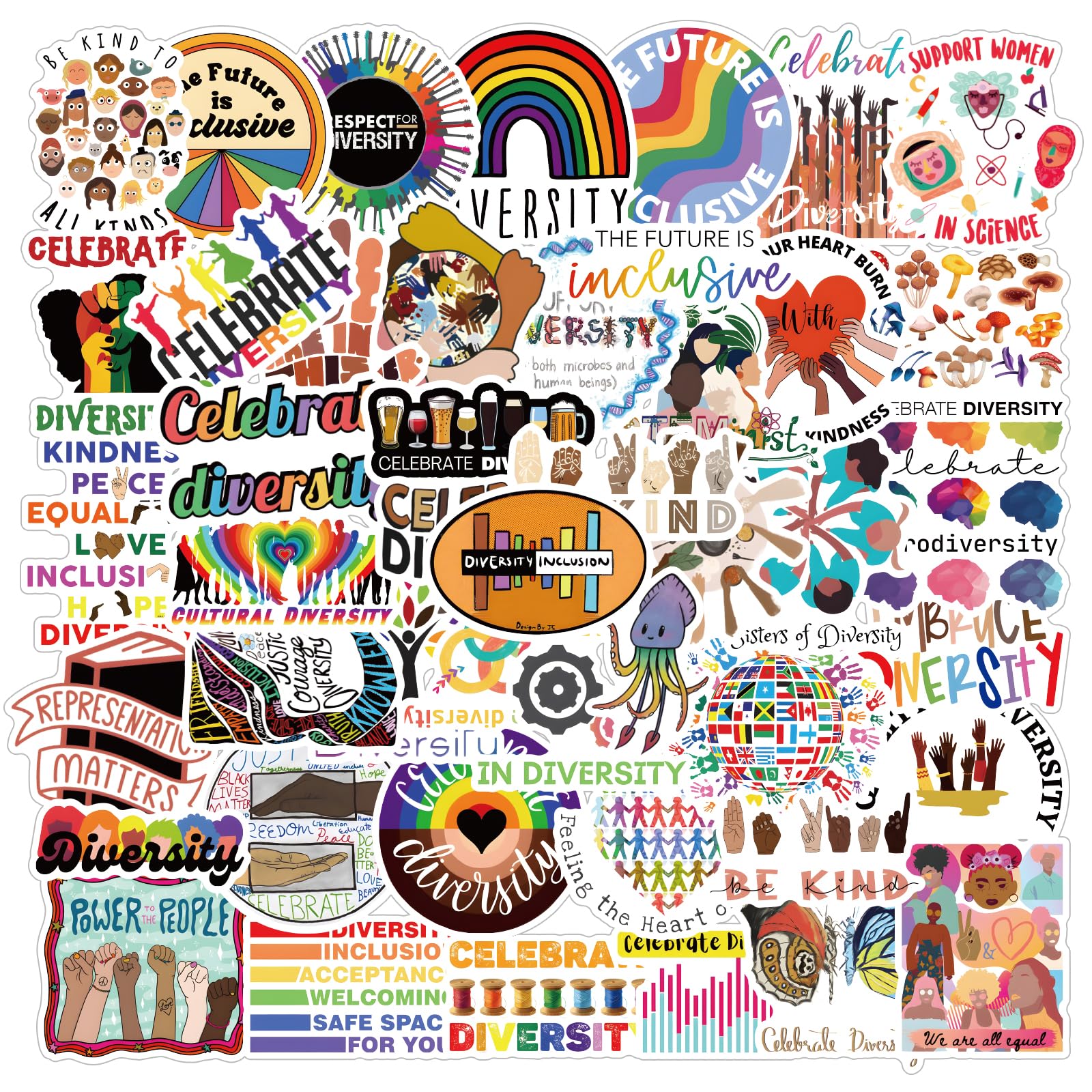 50pcs Celebrate Diversity Stickers Decals Pack，Cute Cartoon Stickers Vinyl Reusable Non-Repeating Waterproof Vinyl Decals，for Water Bottle Phone