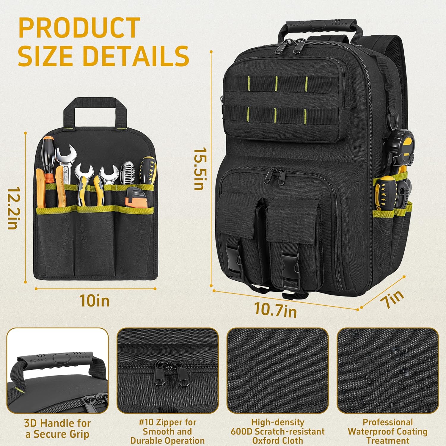 Backpack Tool Bag with Movable Base Plate, Heavy Duty Tool Storage with Removable Tool Organizer, Durable Water Resistant for Electricians & Home Repair-Version 4.0- Black&Yellow