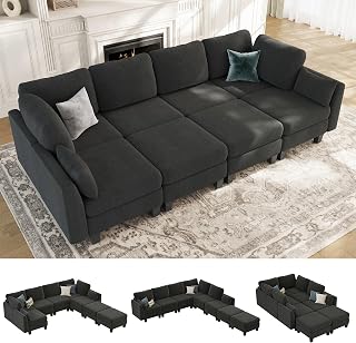 Sectional Sleeper Sofa, 8 Seaters Modular Sleeper Sofa Couch, Comfy Sectionals Couches Bed, Convertible Sofas with Ottomans, Modular Sectional Couches for Living Room, Dark Grey