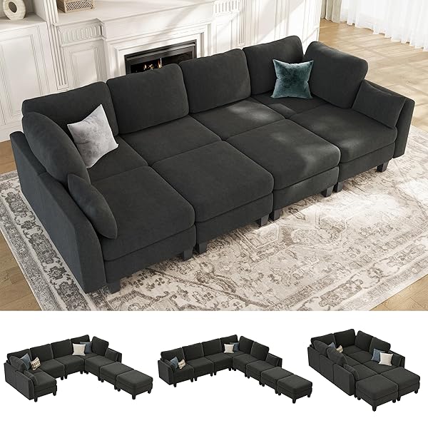 Sectional Sleeper Sofa, 8 Seaters Modular Sleeper Sofa Couch, Comfy Sectionals Couches Bed, Convertible Sofas with Ottomans, Modular Sectional Couches for Living Room, Dark Grey