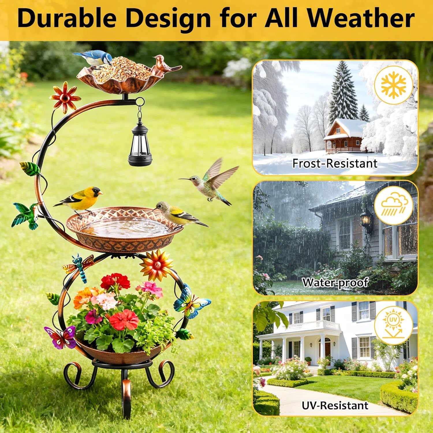 Metal Bird Bath for Outside, 3 in 1 Large Bird Birdbaths for Outdoors with Solar Lamp & Flower Planter Pedestal, Vintage Freestanding Bird Feeder Water Bowl for Garden Yard Lawn Decor, Bronze